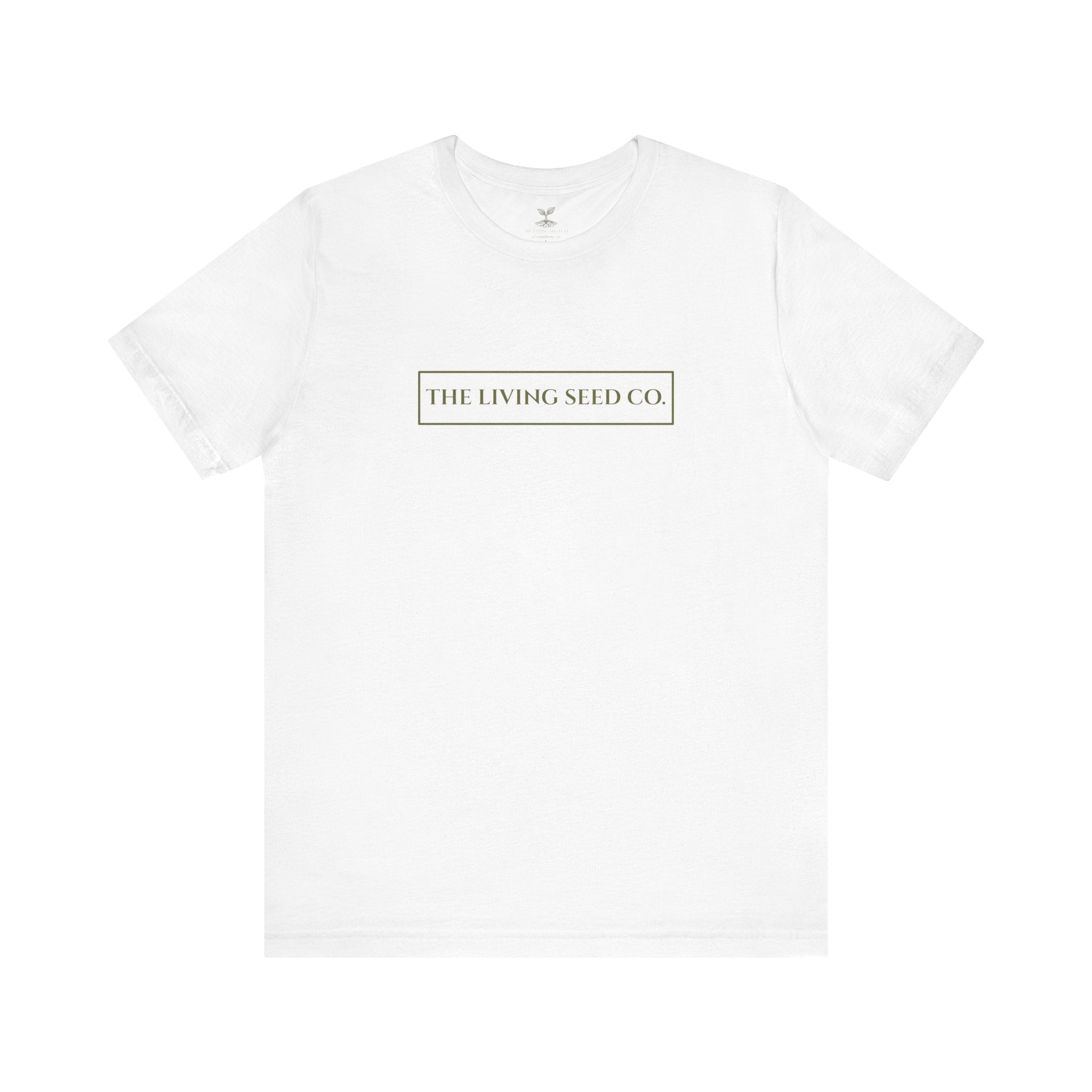 The Original Tee in White — front view flat mockup — white unisex t-shirt featuring The Living Seed Co. boxed wordmark on chest in olive ink. Bella+Canvas 3001.
