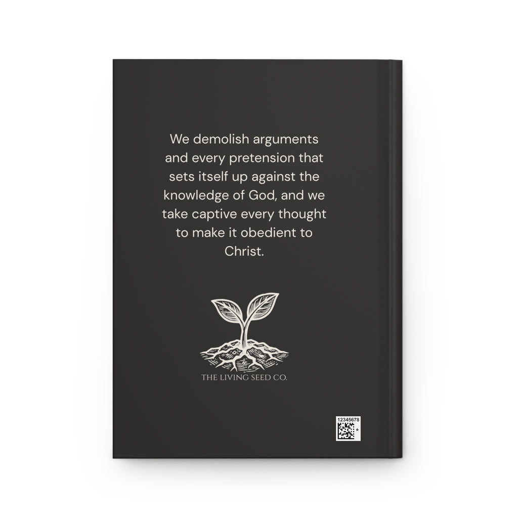 Scripture Series CAPTIVE Journal in Midnight Black — back cover — black hardcover journal featuring the full 2 Corinthians 10:5 verse in parchment text with The Living Seed Co. seedling logo and wordmark below.