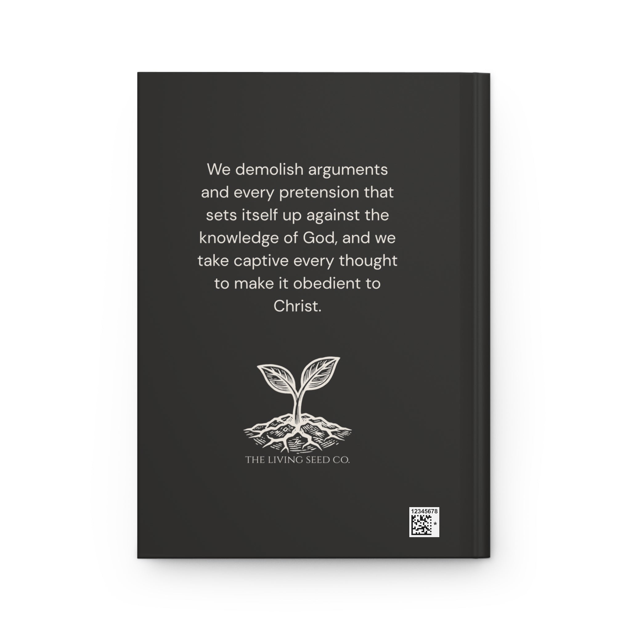 Scripture Series CAPTIVE Journal in Midnight Black — back cover — black hardcover journal featuring the full 2 Corinthians 10:5 verse in parchment text with The Living Seed Co. seedling logo and wordmark below.