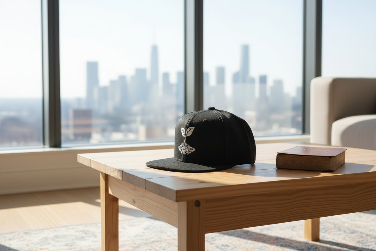 The Living Seed Co. Original Snapback in black — lifestyle flat lay with Bible on wood table, embroidered seedling mark, Otto Cap flat bill