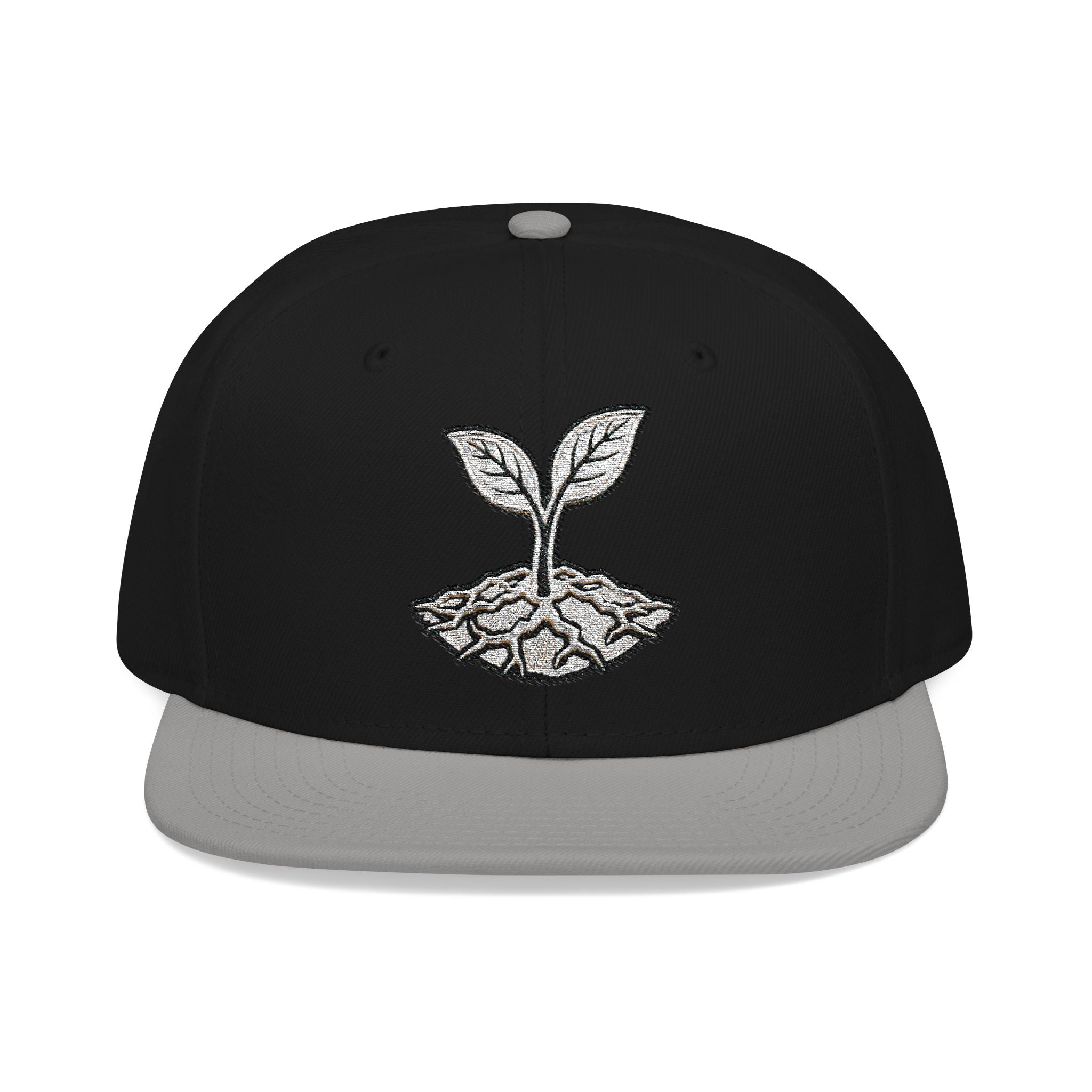 The Living Seed Co. Original Snapback in gray and black — front view showing embroidered seedling mark, Otto Cap flat bill
