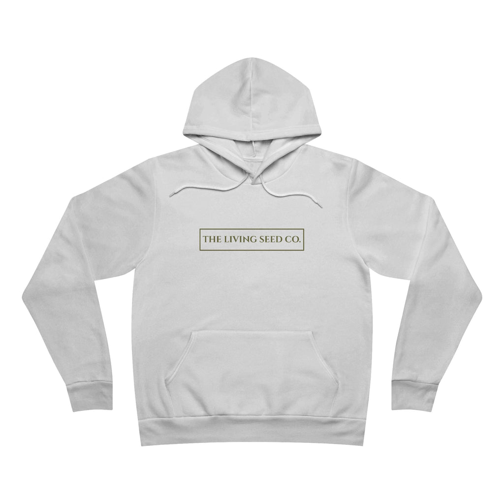 The Original Hoodie (Bella+Canvas) in White — front view flat mockup — white unisex pullover hoodie featuring The Living Seed Co. boxed wordmark on chest in olive ink. Bella+Canvas 3719.
