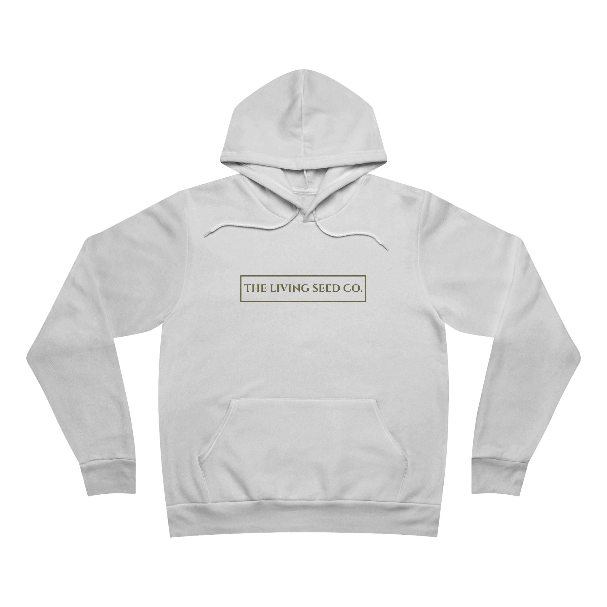 The Original Hoodie (Bella+Canvas) in White — front view flat mockup — white unisex pullover hoodie featuring The Living Seed Co. boxed wordmark on chest in olive ink. Bella+Canvas 3719.