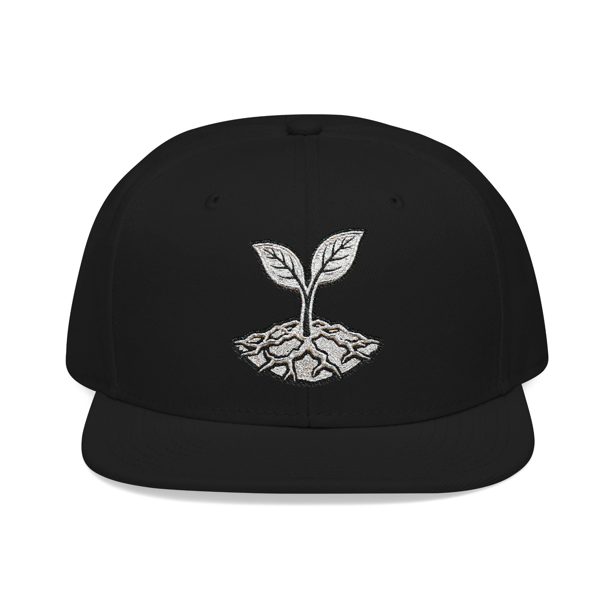 The Living Seed Co. Original Snapback in black — front view showing embroidered seedling mark, Otto Cap flat bill