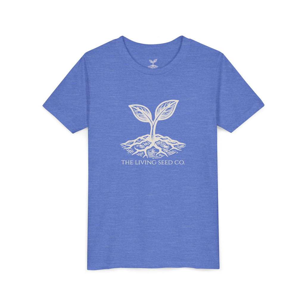 The Original Youth Tee in Heather Columbia Blue — flat mockup — columbia blue heather youth t-shirt featuring The Living Seed Co. sprouting seed graphic in olive ink. Bella+Canvas 3001Y.