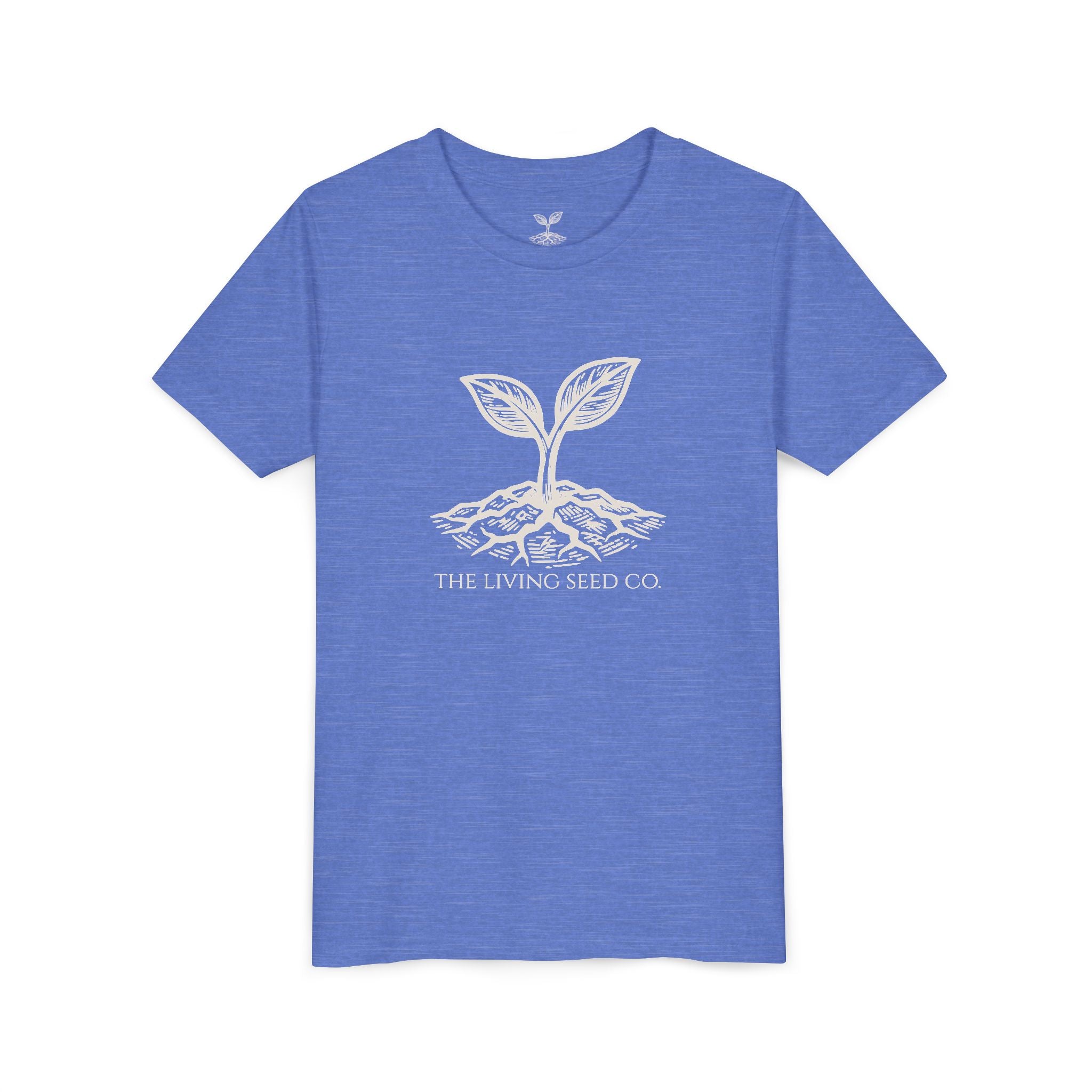 The Original Youth Tee in Heather Columbia Blue — flat mockup — columbia blue heather youth t-shirt featuring The Living Seed Co. sprouting seed graphic in olive ink. Bella+Canvas 3001Y.