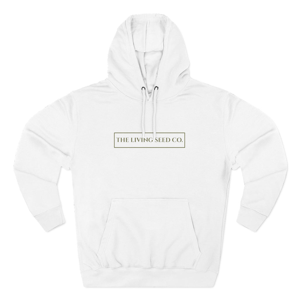The Original Hoodie (Lane Seven) in White — front view flat mockup — white pullover hoodie featuring The Living Seed Co. boxed wordmark on chest in olive ink. Lane Seven LS14001.