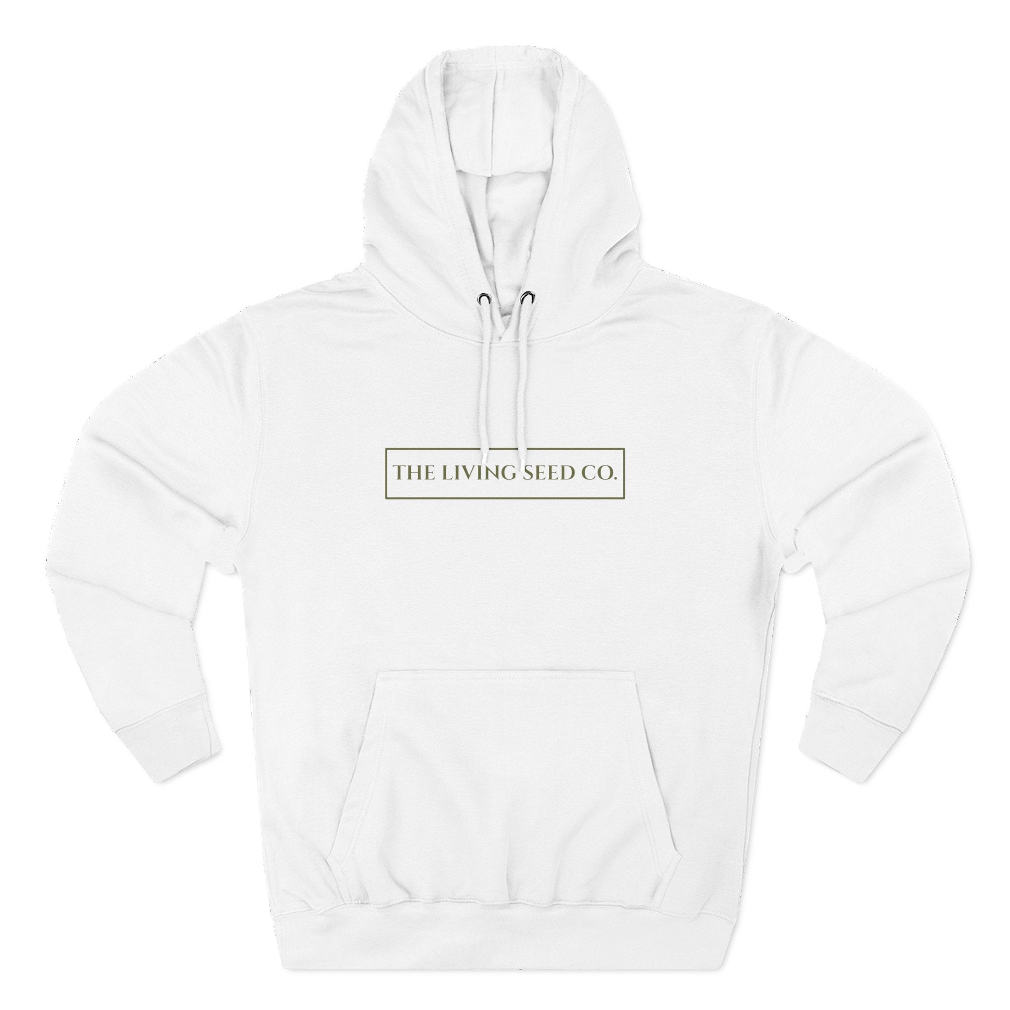 The Original Hoodie (Lane Seven) in White — front view flat mockup — white pullover hoodie featuring The Living Seed Co. boxed wordmark on chest in olive ink. Lane Seven LS14001.