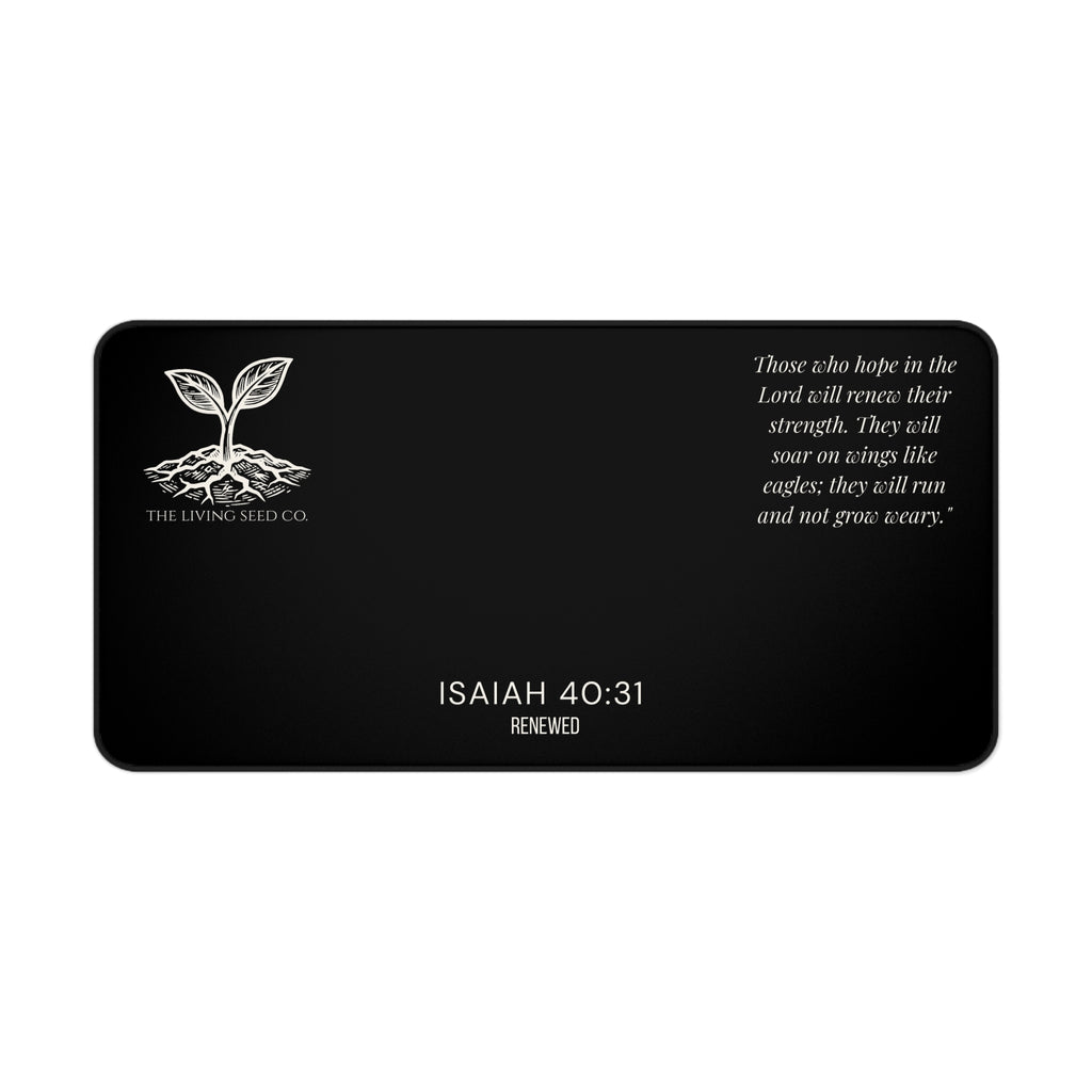 Scripture Series RENEWED Desk Mat in Black — size comparison mockup — showing 16x32 size option for the forest green RENEWED desk mat.