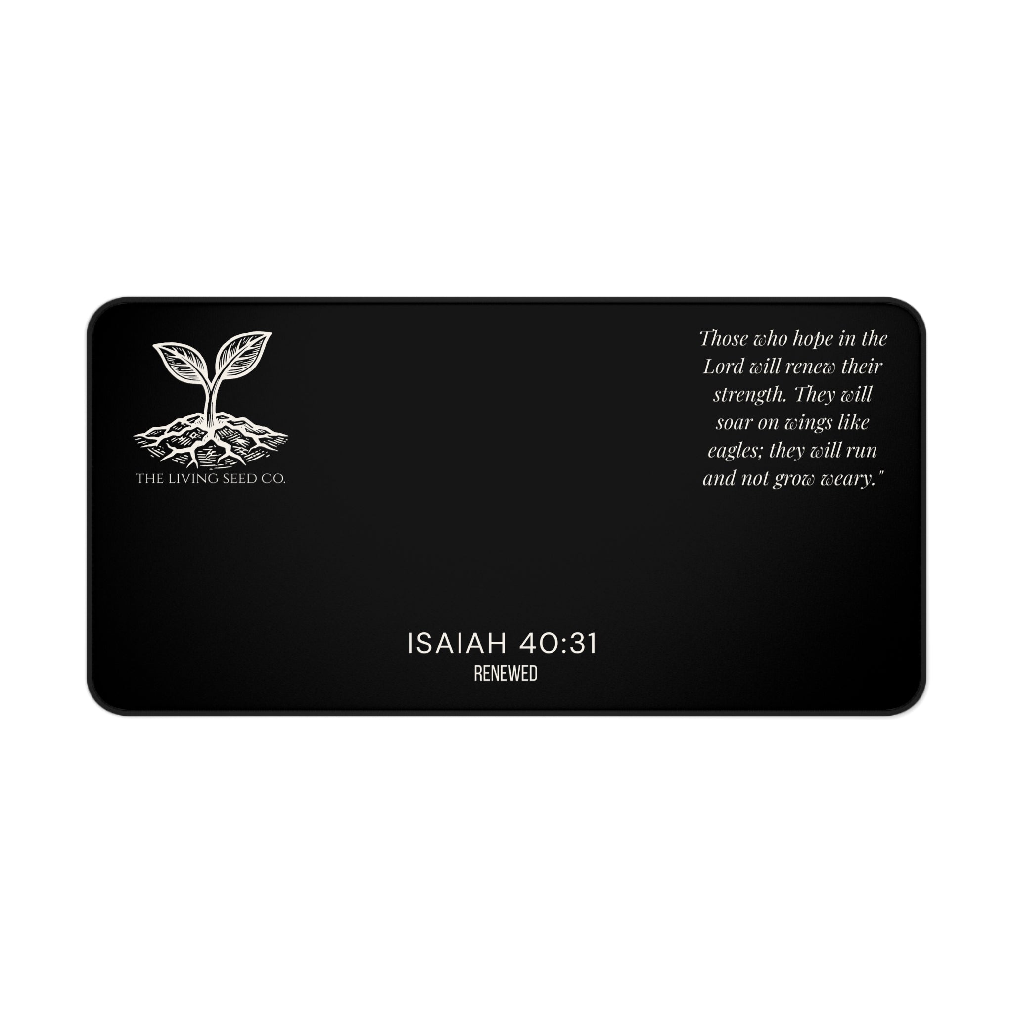 Scripture Series RENEWED Desk Mat in Black — size comparison mockup — showing 16x32 size option for the forest green RENEWED desk mat.