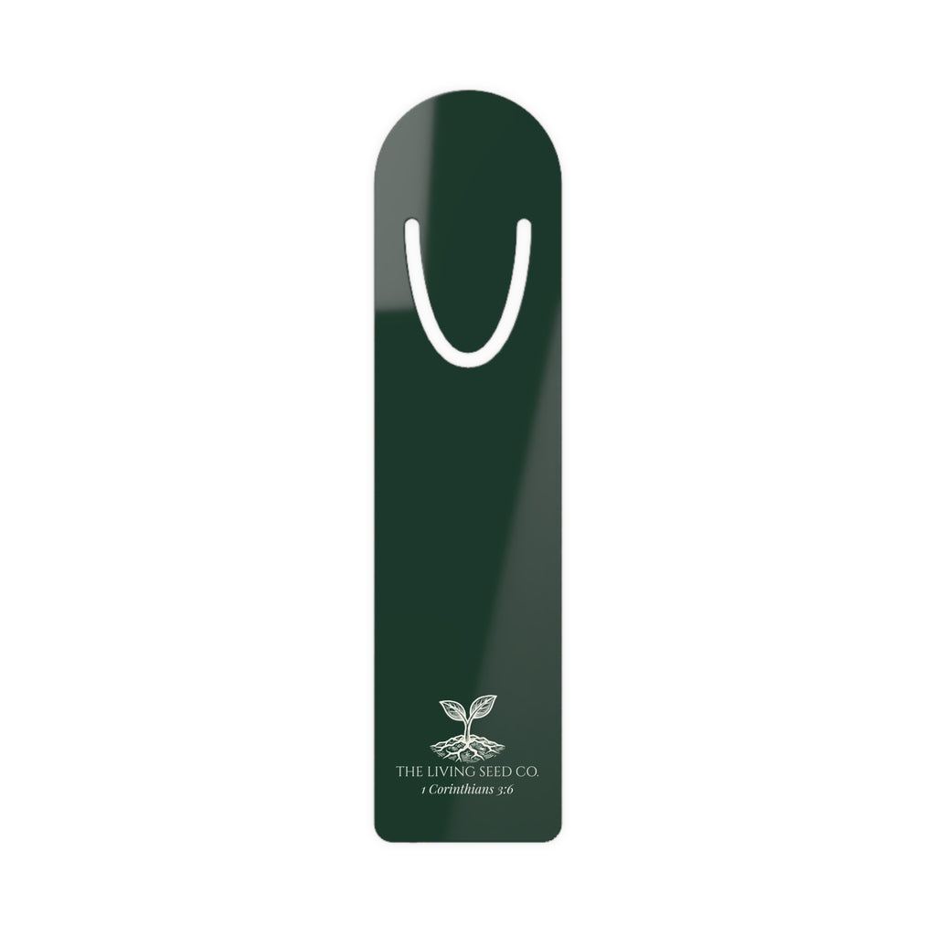 The Original Bookmark in Forest Deep — lightweight aluminum bookmark printed with The Living Seed Co. sprouting seed logo and 1 Corinthians 3:6