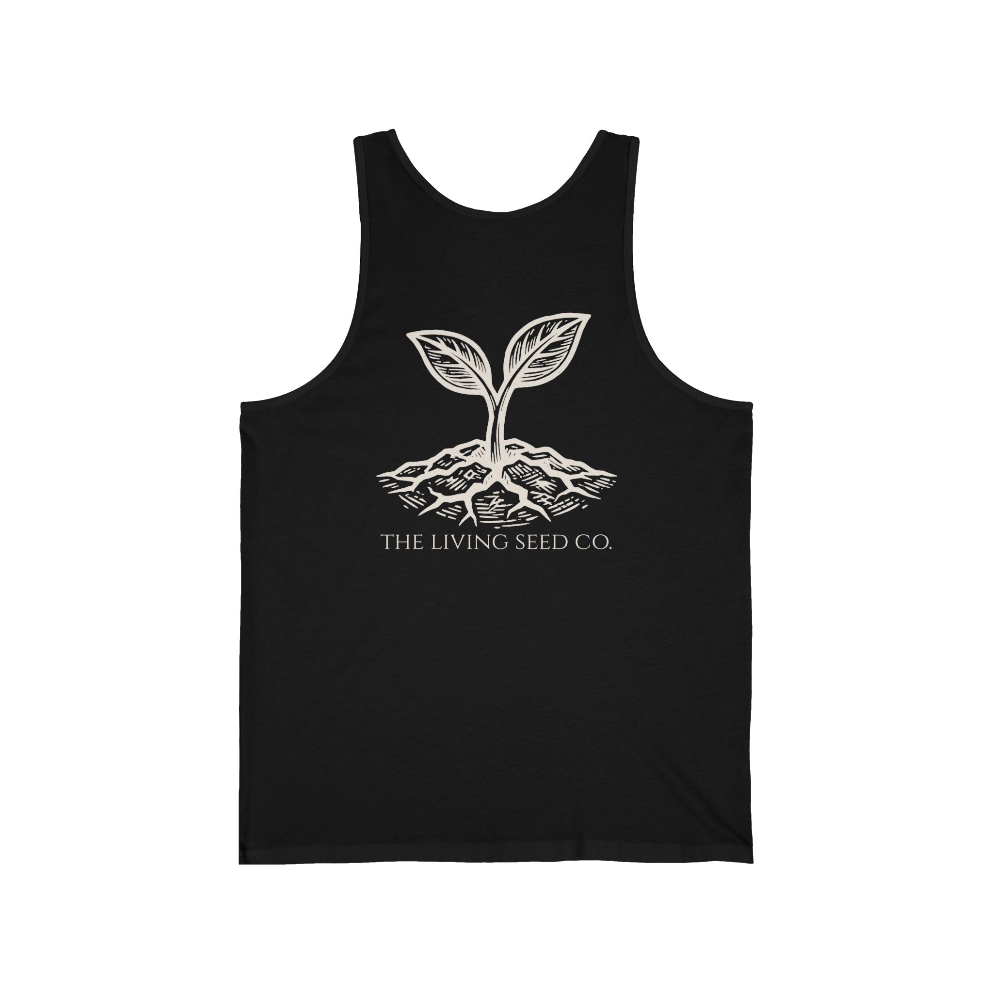 The Original Tank in Black — back view flat mockup — black unisex tank top featuring The Living Seed Co. etching-style sprouting seed graphic in parchment ink with wordmark below. Bella+Canvas 3480.
