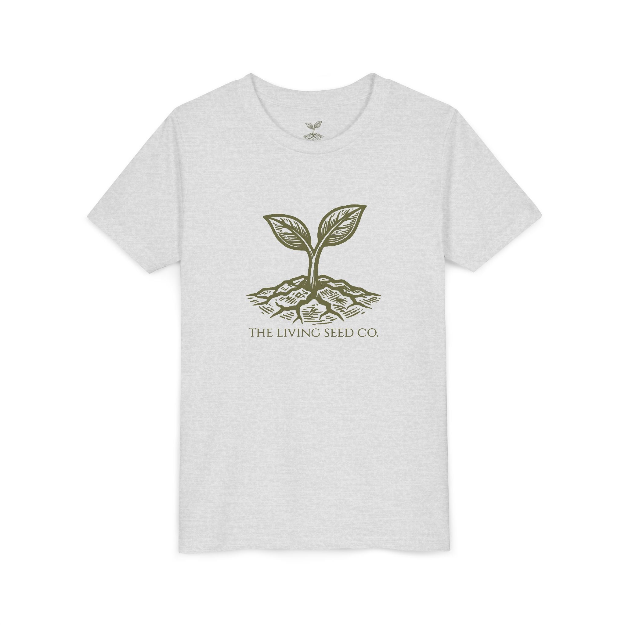 he Original Youth Tee in Ash — flat mockup — ash heather youth t-shirt featuring The Living Seed Co. sprouting seed graphic in olive ink. Bella+Canvas 3001Y.