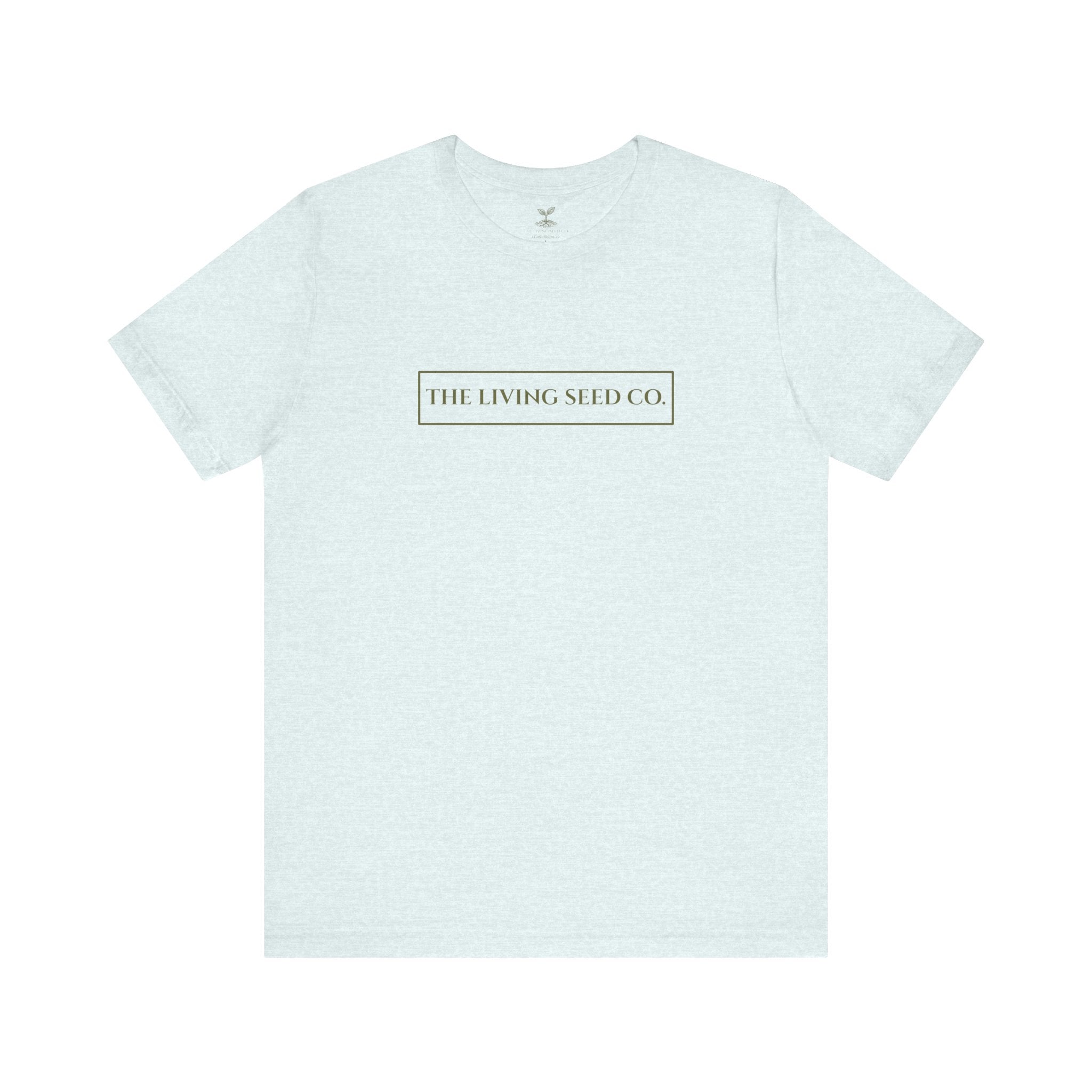 The Original Tee in Heather Ice Blue — front view flat mockup — light blue heather unisex t-shirt featuring The Living Seed Co. boxed wordmark on chest in olive ink. Bella+Canvas 3001.