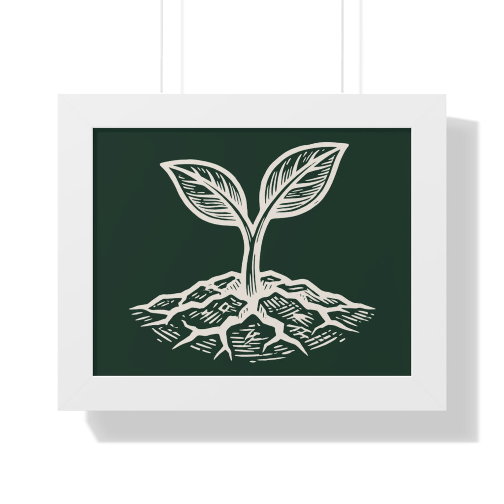 Close-up product view of The Original Framed Poster in White, showing etching-style sprouting seed illustration on Forest Deep background with matte paper finish