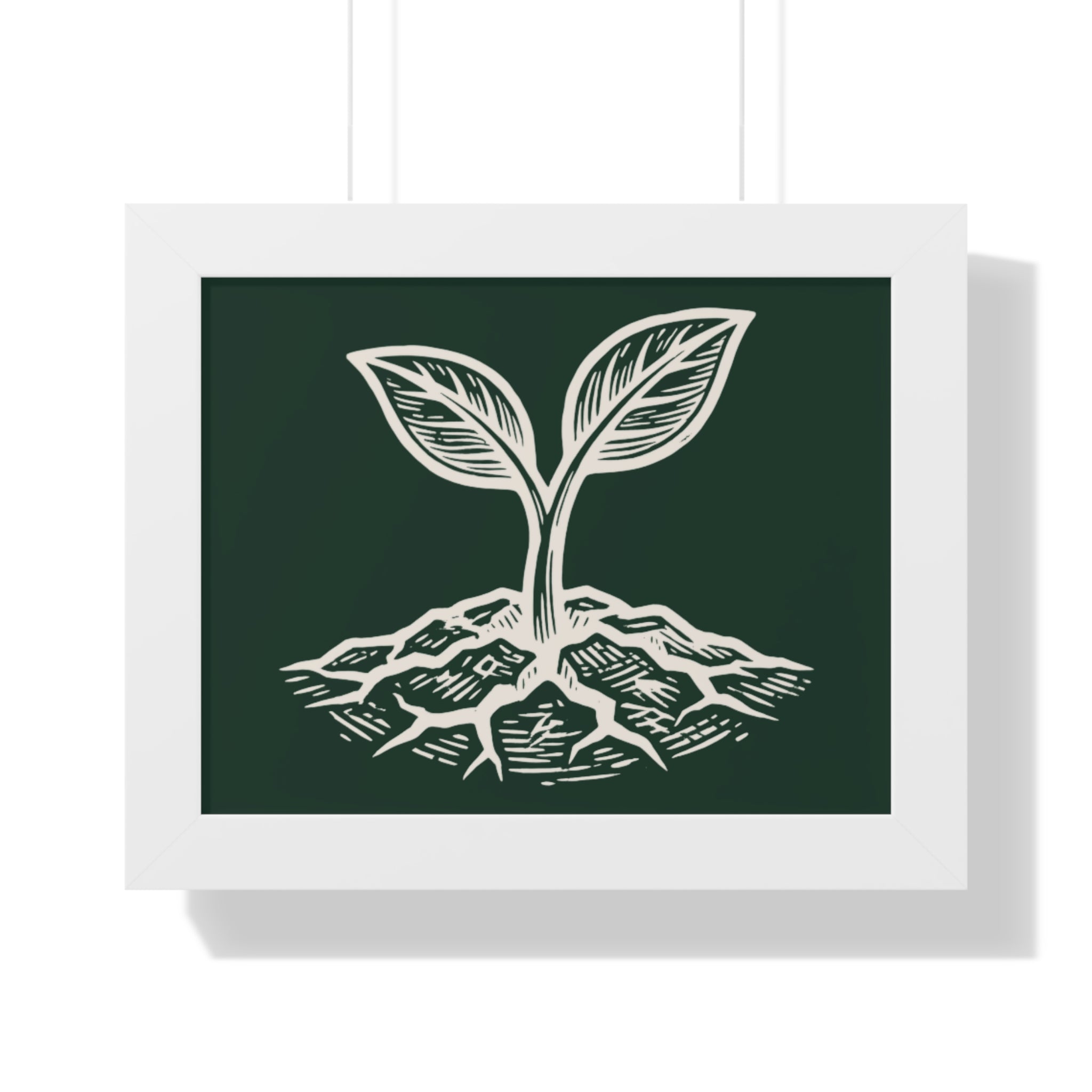 Close-up product view of The Original Framed Poster in White, showing etching-style sprouting seed illustration on Forest Deep background with matte paper finish