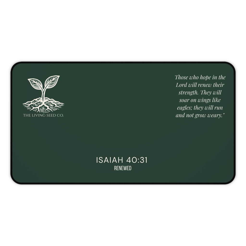 Scripture Series RENEWED Desk Mat in Forest Deep — size comparison mockup — showing 12x22 size option for the forest deep RENEWED desk mat.