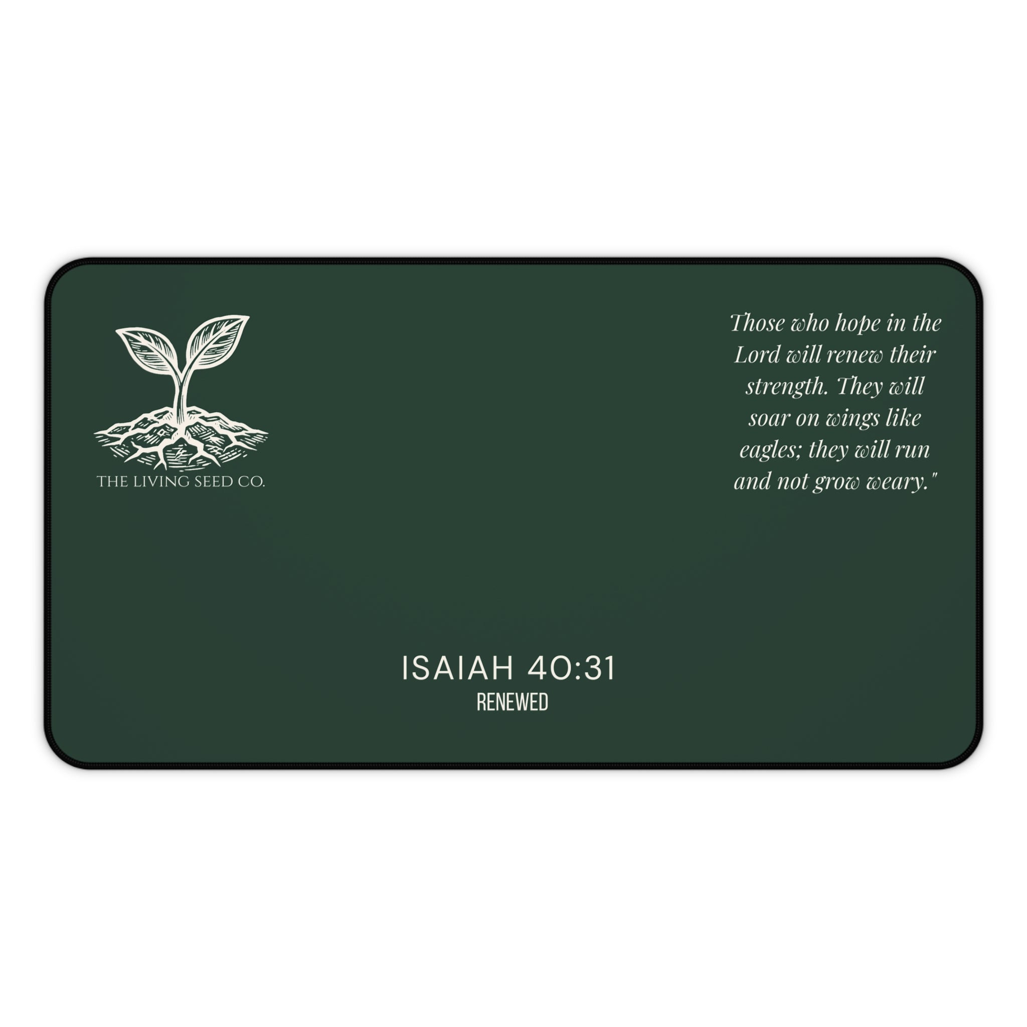 Scripture Series RENEWED Desk Mat in Forest Deep — size comparison mockup — showing 12x22 size option for the forest deep RENEWED desk mat.