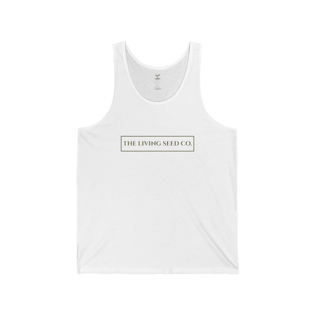 The Original Tank in White — front view flat mockup — white unisex tank top featuring The Living Seed Co. boxed wordmark on chest in olive ink. Bella+Canvas 3480.