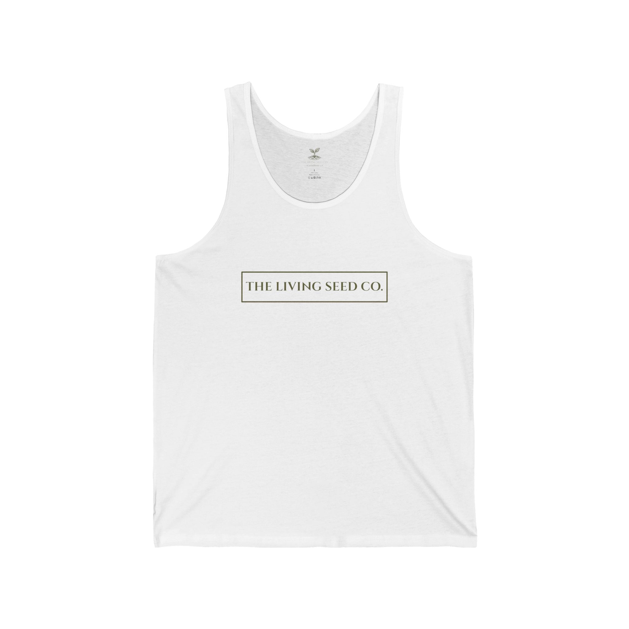 The Original Tank in White — front view flat mockup — white unisex tank top featuring The Living Seed Co. boxed wordmark on chest in olive ink. Bella+Canvas 3480.