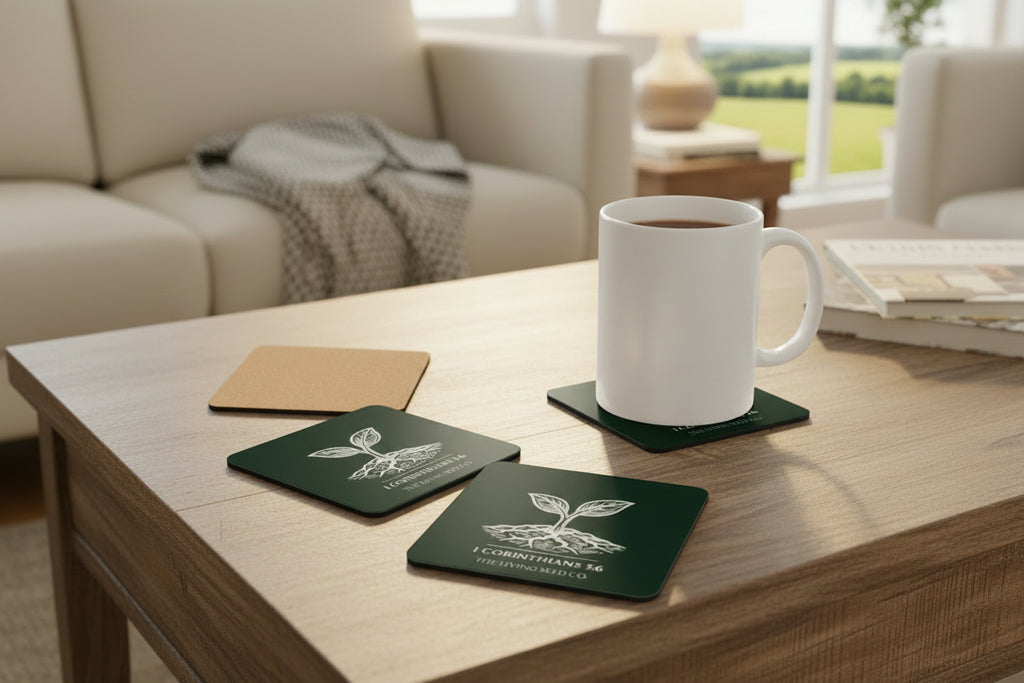 Set of four Forest Deep coasters featuring The Living Seed Co. sprouting seed logo and 1 Corinthians 3:6, displayed on a wooden coffee table with a white ceramic mug