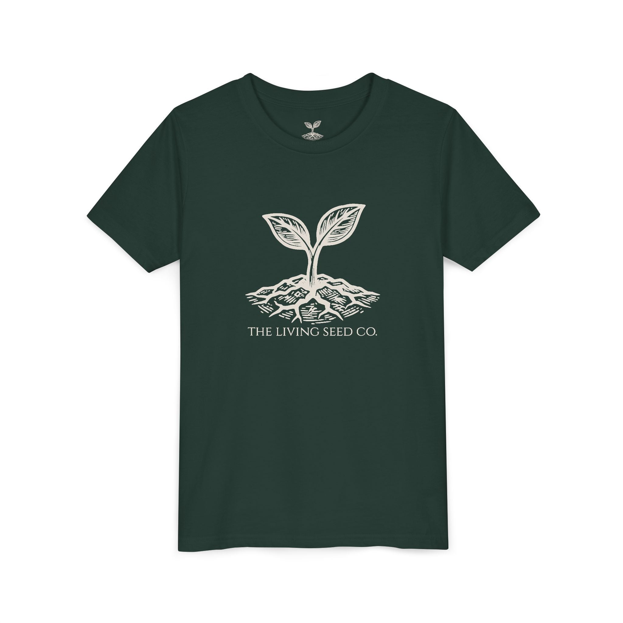The Original Youth Tee in Forest — front view flat mockup — dark green youth t-shirt featuring The Living Seed Co. boxed wordmark on chest in parchment ink. Bella+Canvas 3001Y.