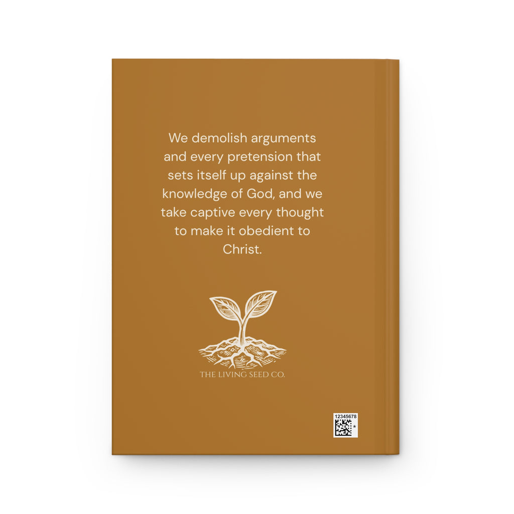 Scripture Series CAPTIVE Journal in Harvest Gold — back cover — harvest gold hardcover journal featuring the full 2 Corinthians 10:5 verse in parchment text with The Living Seed Co. seedling logo and wordmark below.