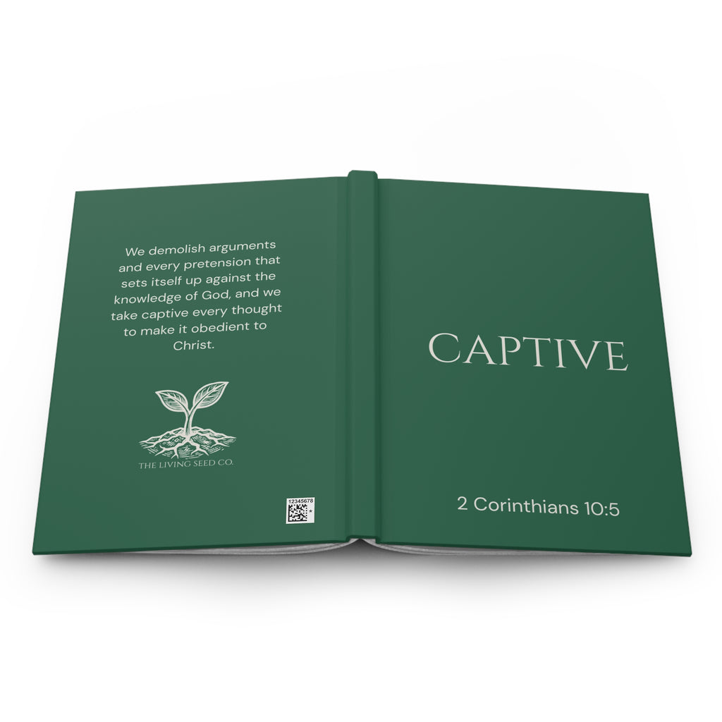 Scripture Series CAPTIVE Journal in Garden Green — open view — showing back cover with 2 Corinthians 10:5 full verse and The Living Seed Co. logo alongside front cover with CAPTIVE title and scripture reference.