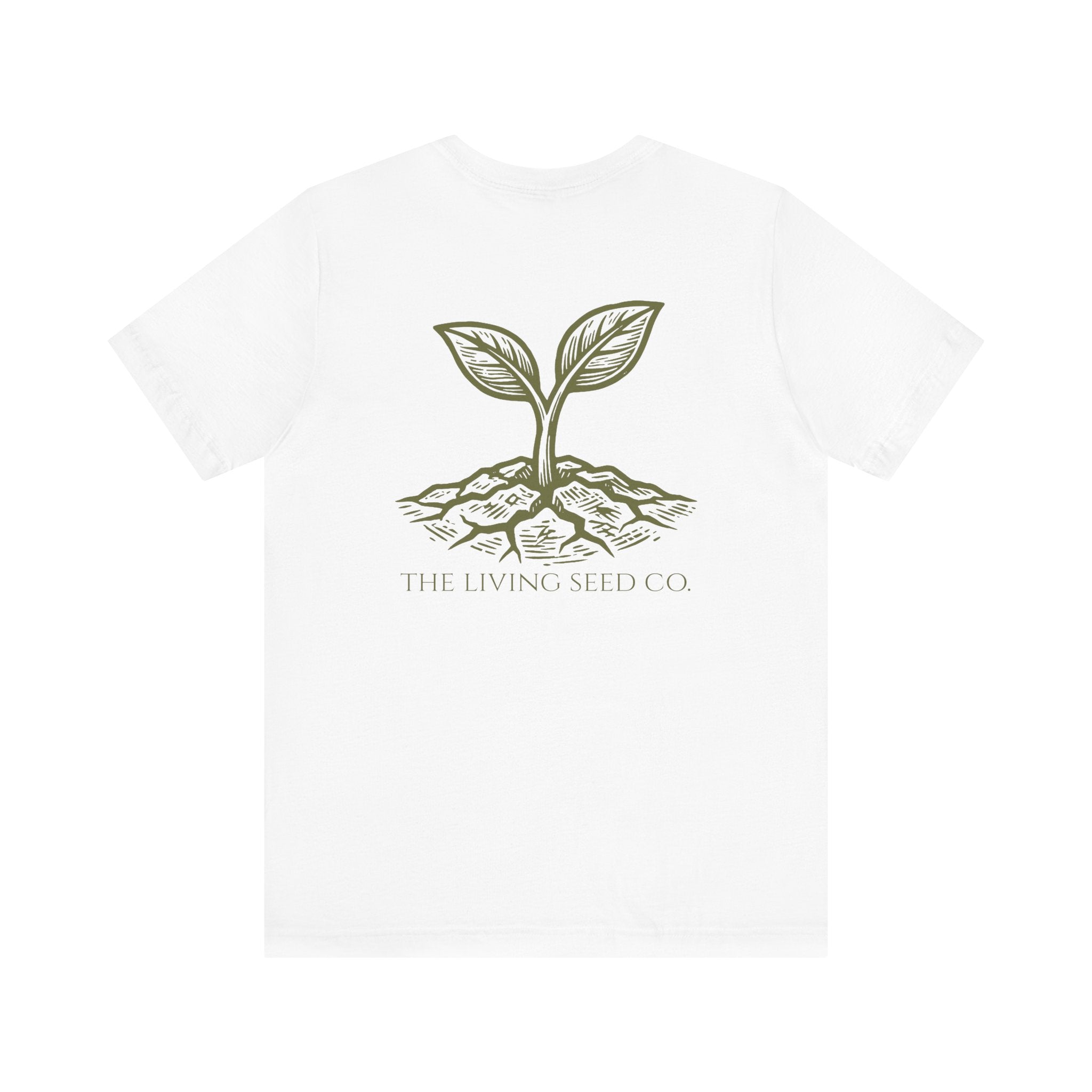 The Original Tee in White — back view flat mockup — white unisex t-shirt featuring The Living Seed Co. etching-style sprouting seed graphic in olive ink with wordmark below. Bella+Canvas 3001.