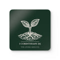 Forest Deep coaster with etching-style sprouting seed graphic, 1 Corinthians 3:6, and The Living Seed Co. wordmark on high-gloss MDF with cork back