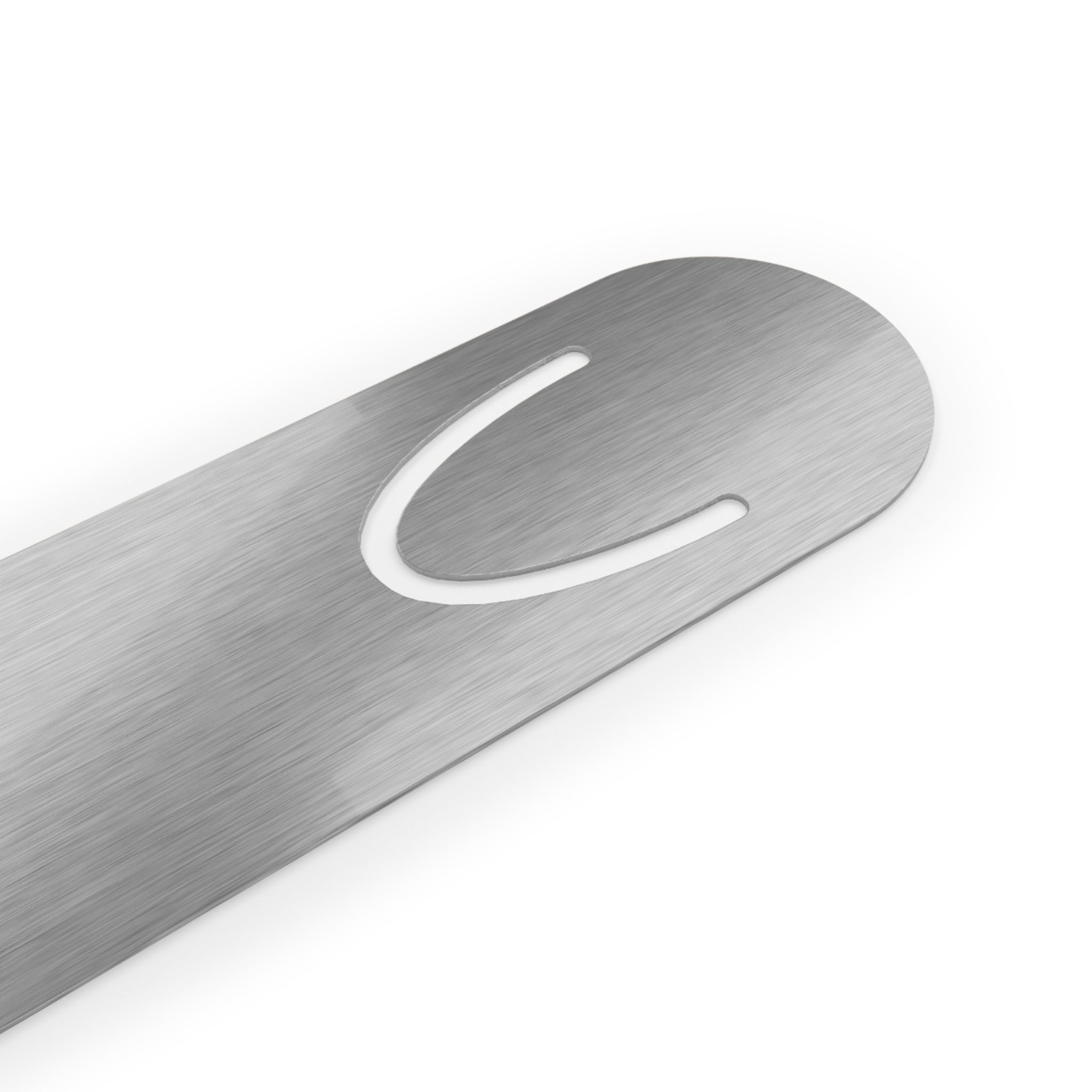 Side view of The Original Bookmark showing slim aluminum construction and top page-hold slot, The Living Seed Co. branded bookmark in Parchment