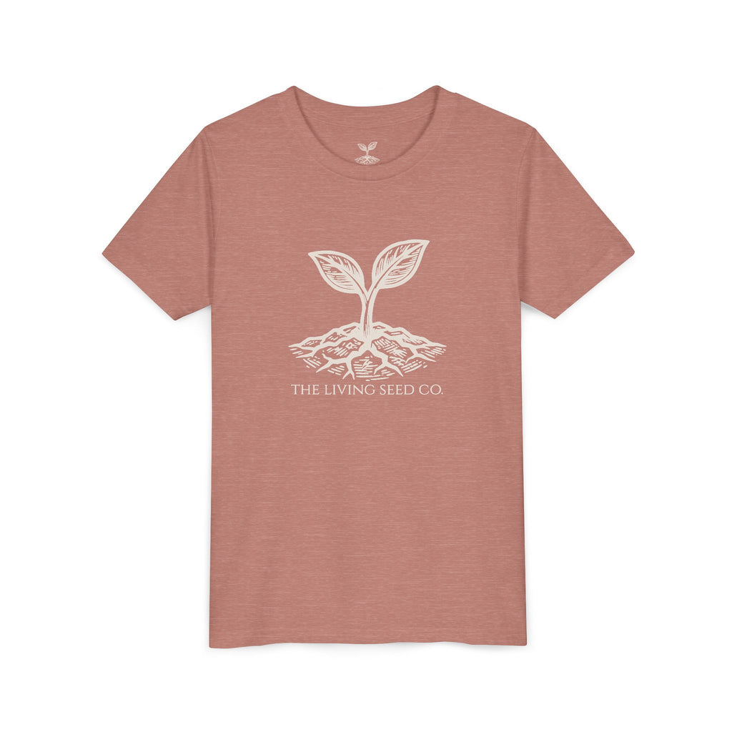 The Original Youth Tee in Heather Mauve — flat mockup — mauve heather youth t-shirt featuring The Living Seed Co. sprouting seed graphic in olive ink. Bella+Canvas 3001Y.