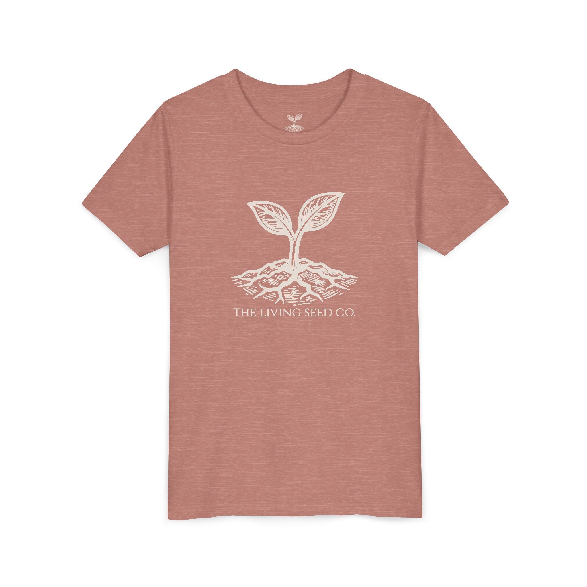 The Original Youth Tee in Heather Mauve — flat mockup — mauve heather youth t-shirt featuring The Living Seed Co. sprouting seed graphic in olive ink. Bella+Canvas 3001Y.