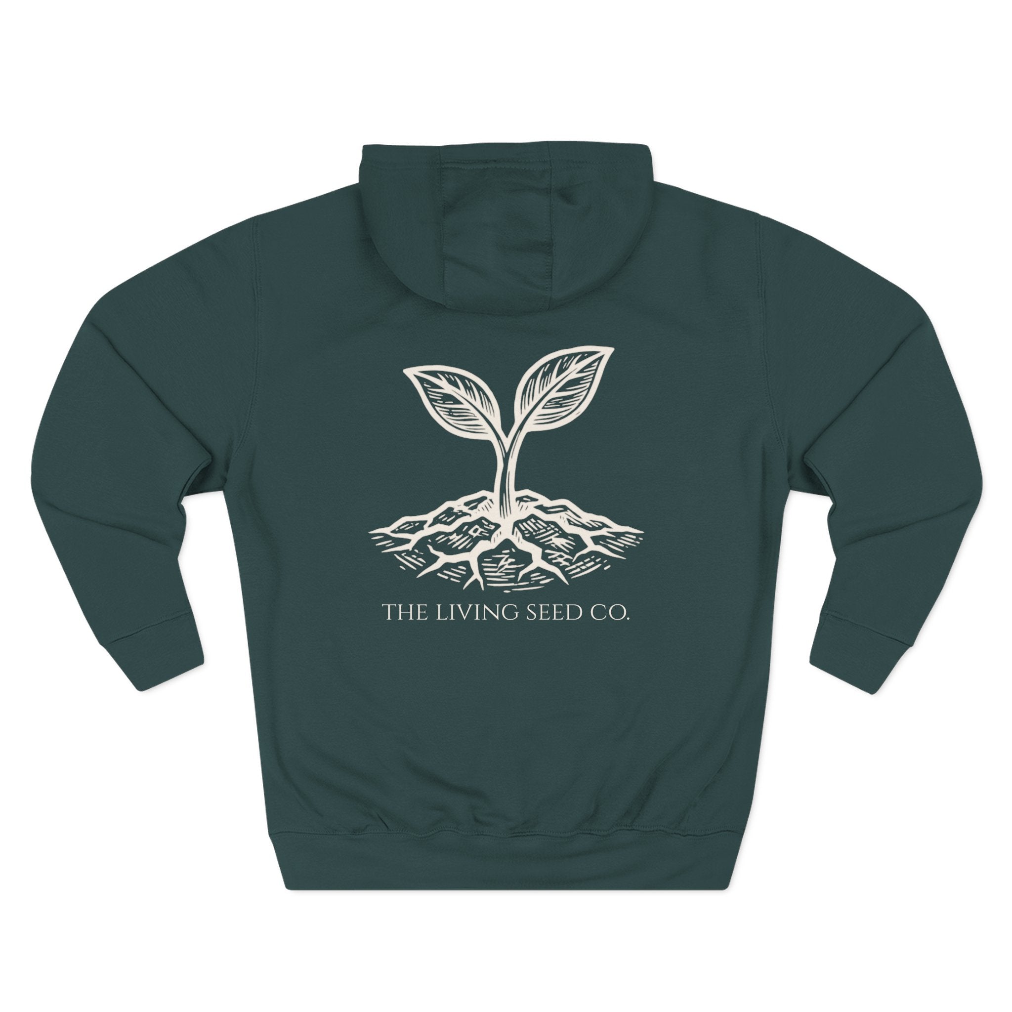 The Original Hoodie (Lane Seven) in Forest — back view flat mockup — forest green pullover hoodie featuring The Living Seed Co. etching-style sprouting seed graphic in parchment ink with wordmark below. Lane Seven LS14001.