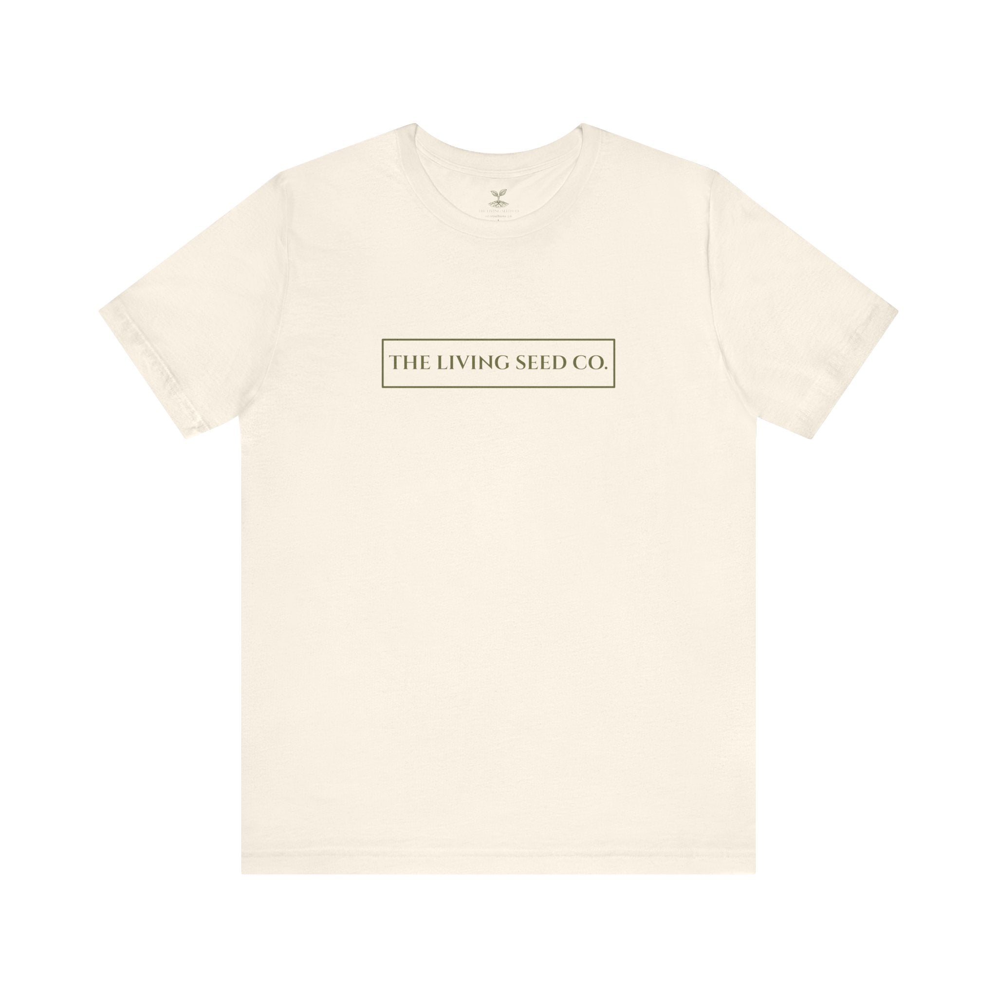 The Original Tee in Natural — front view flat mockup — cream unisex t-shirt featuring The Living Seed Co. boxed wordmark on chest in olive ink. Bella+Canvas 3001.