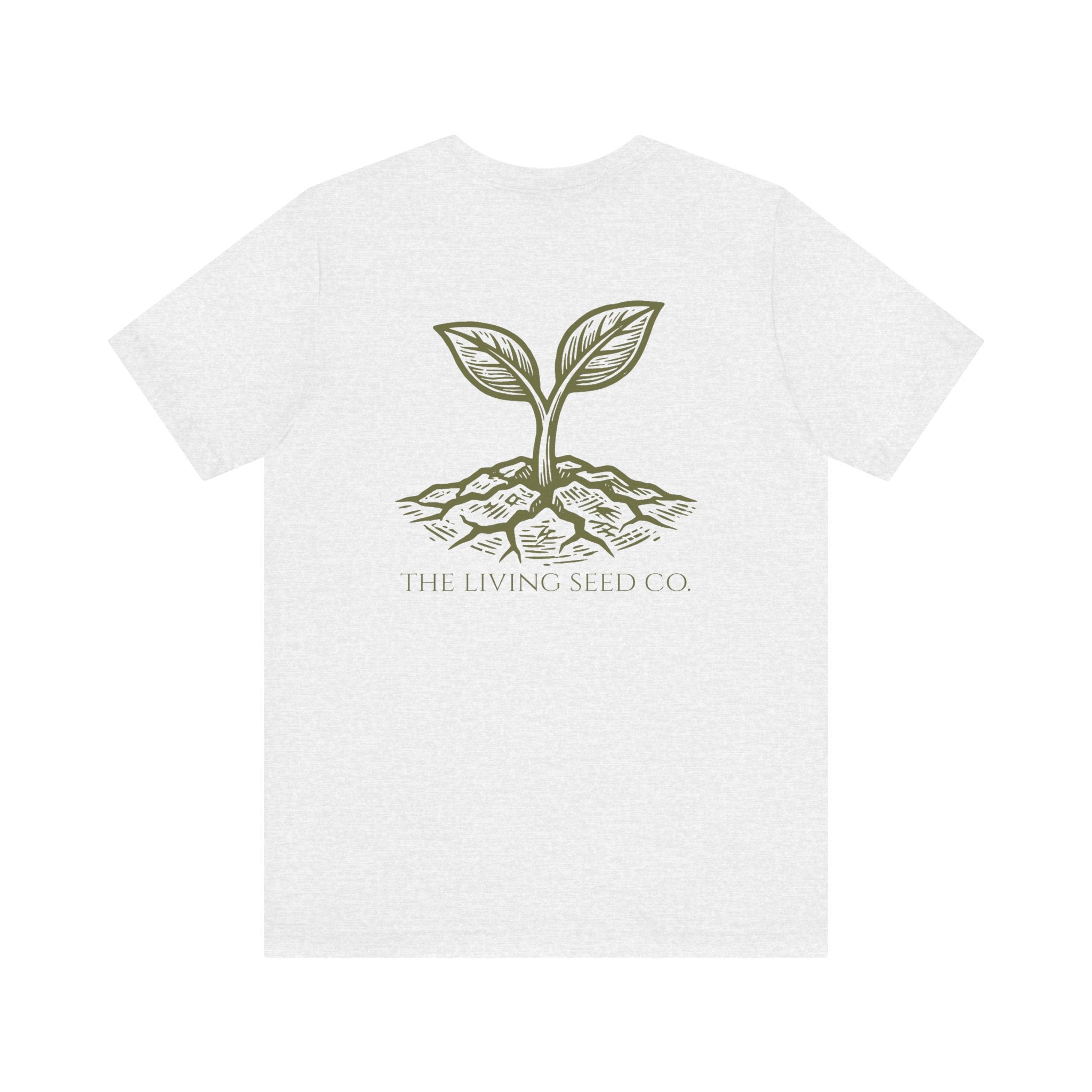 The Original Tee in Ash — back view flat mockup — ash heather unisex t-shirt featuring The Living Seed Co. etching-style sprouting seed graphic in olive ink with wordmark below. Bella+Canvas 3001.