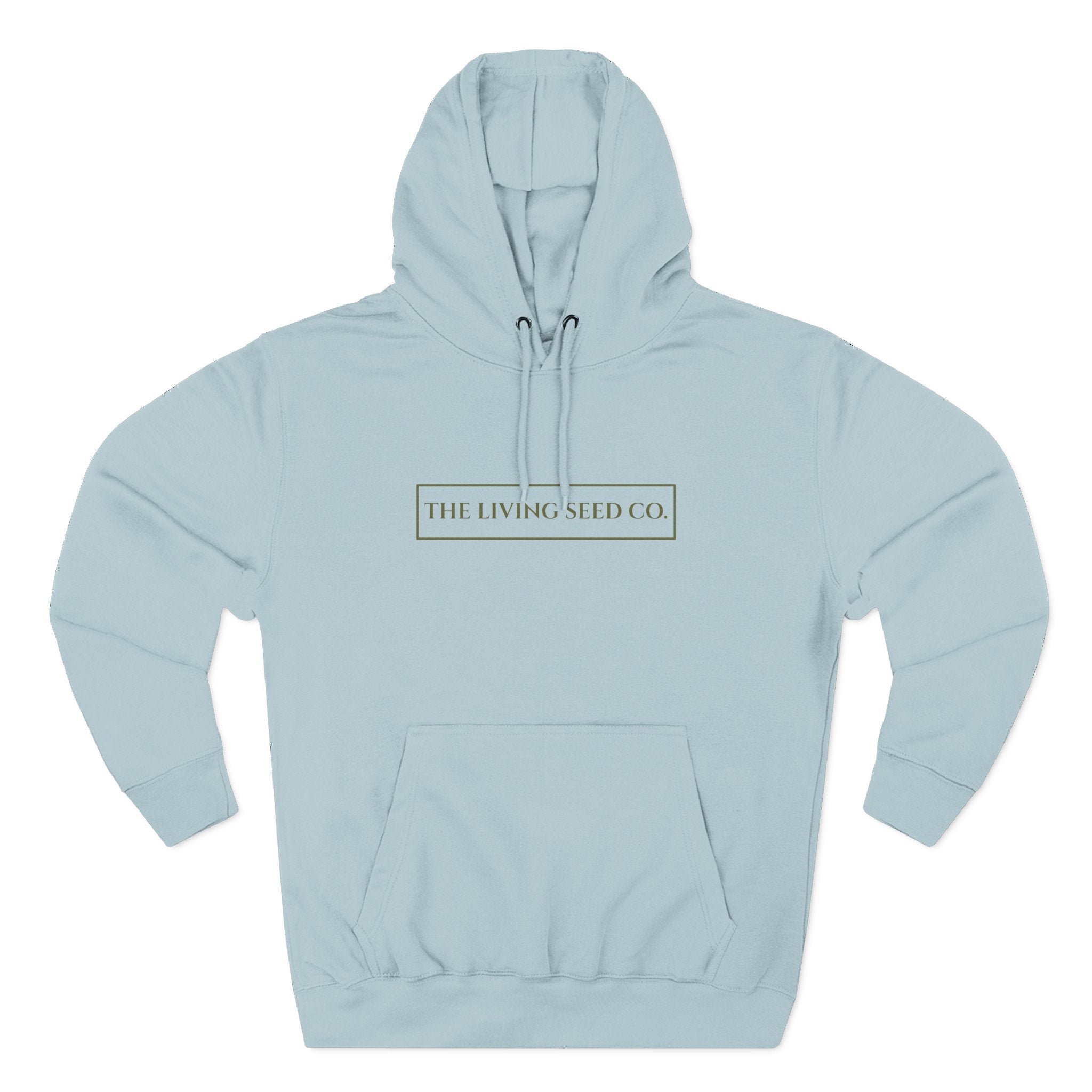 The Original Hoodie (Lane Seven) in Blue Mist — front view flat mockup — light blue pullover hoodie featuring The Living Seed Co. boxed wordmark on chest in olive ink. Lane Seven LS14001.