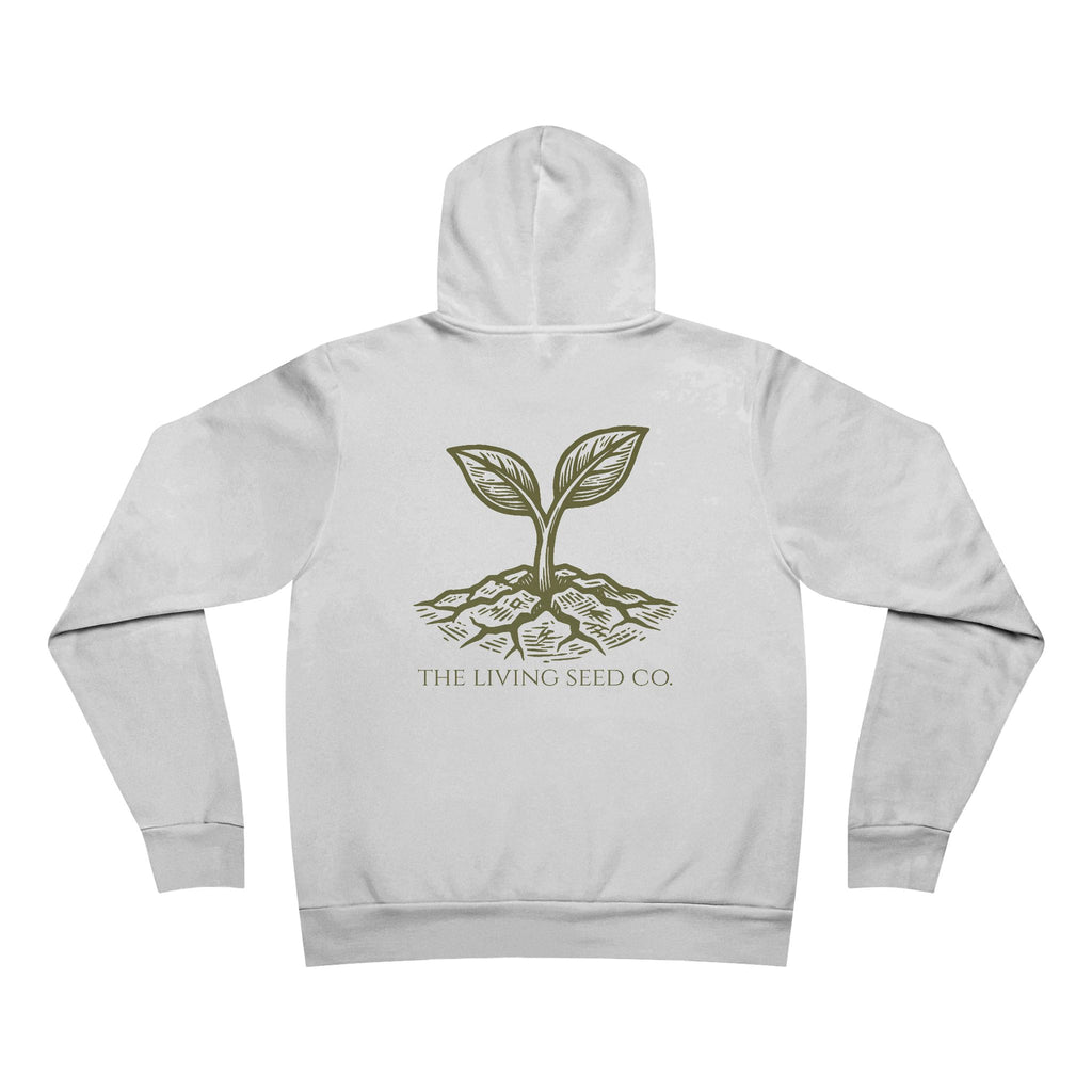 The Original Hoodie (Bella+Canvas) in White — back view flat mockup — white unisex pullover hoodie featuring The Living Seed Co. etching-style sprouting seed graphic in olive ink with wordmark below. Bella+Canvas 3719.