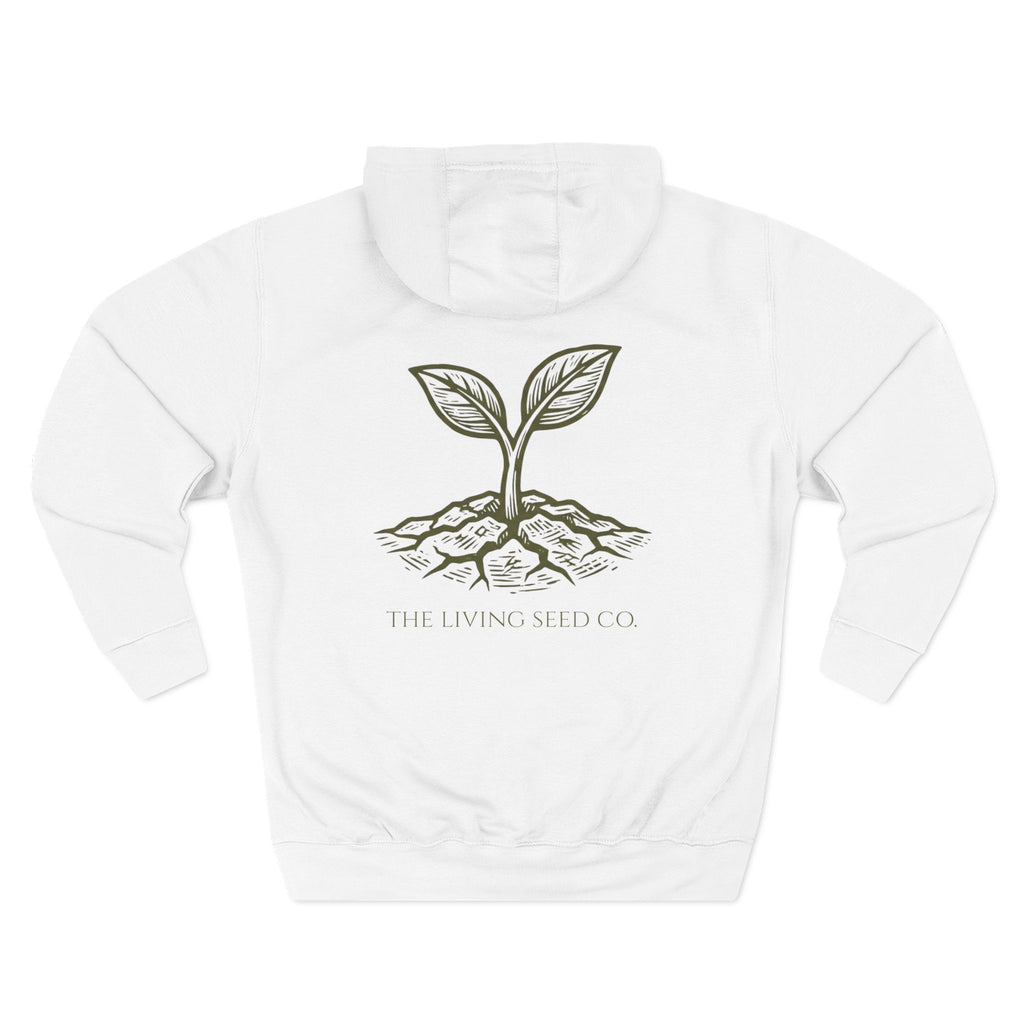 The Original Hoodie (Lane Seven) in White — back view flat mockup — white pullover hoodie featuring The Living Seed Co. etching-style sprouting seed graphic in olive ink with wordmark below. Lane Seven LS14001.