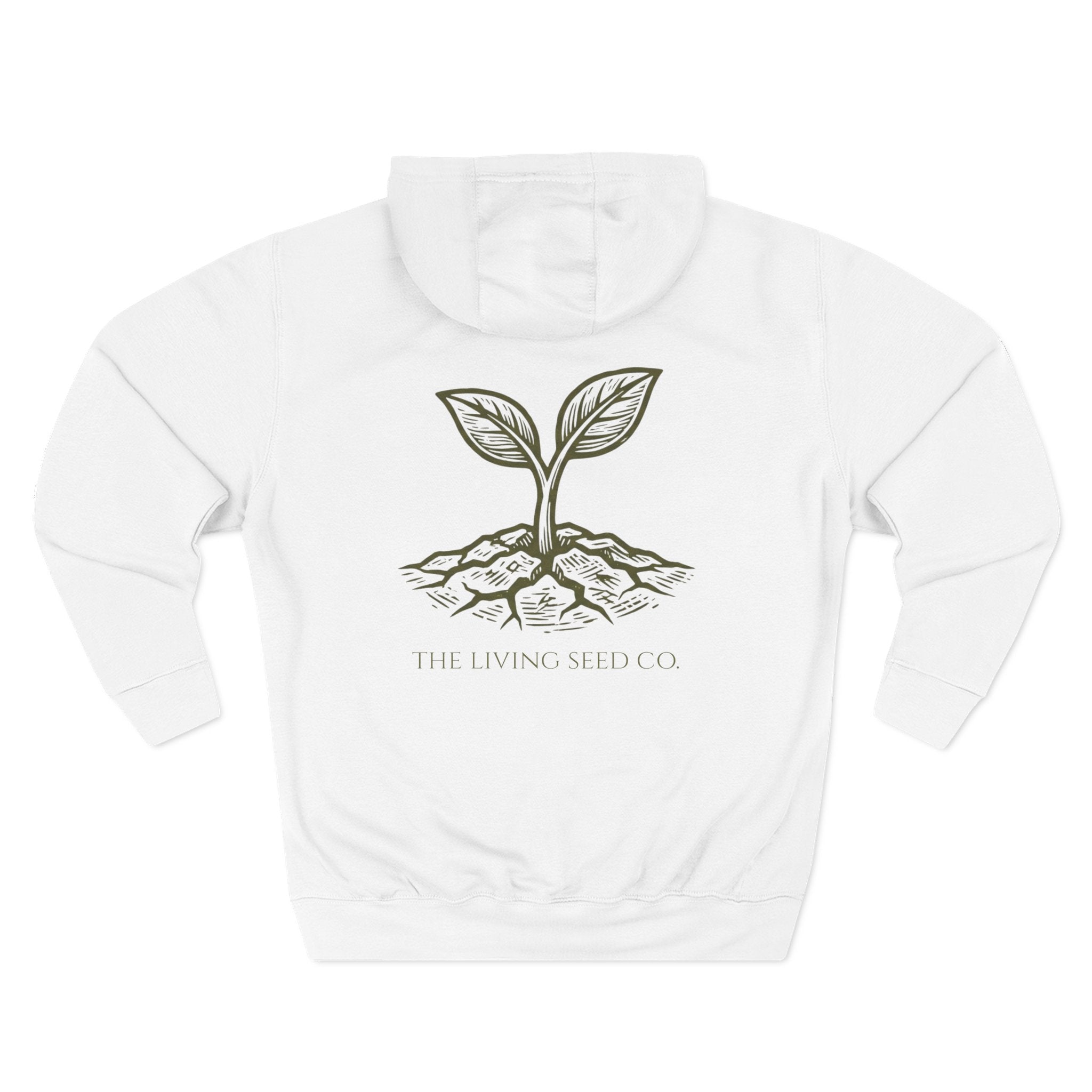 The Original Hoodie (Lane Seven) in White — back view flat mockup — white pullover hoodie featuring The Living Seed Co. etching-style sprouting seed graphic in olive ink with wordmark below. Lane Seven LS14001.