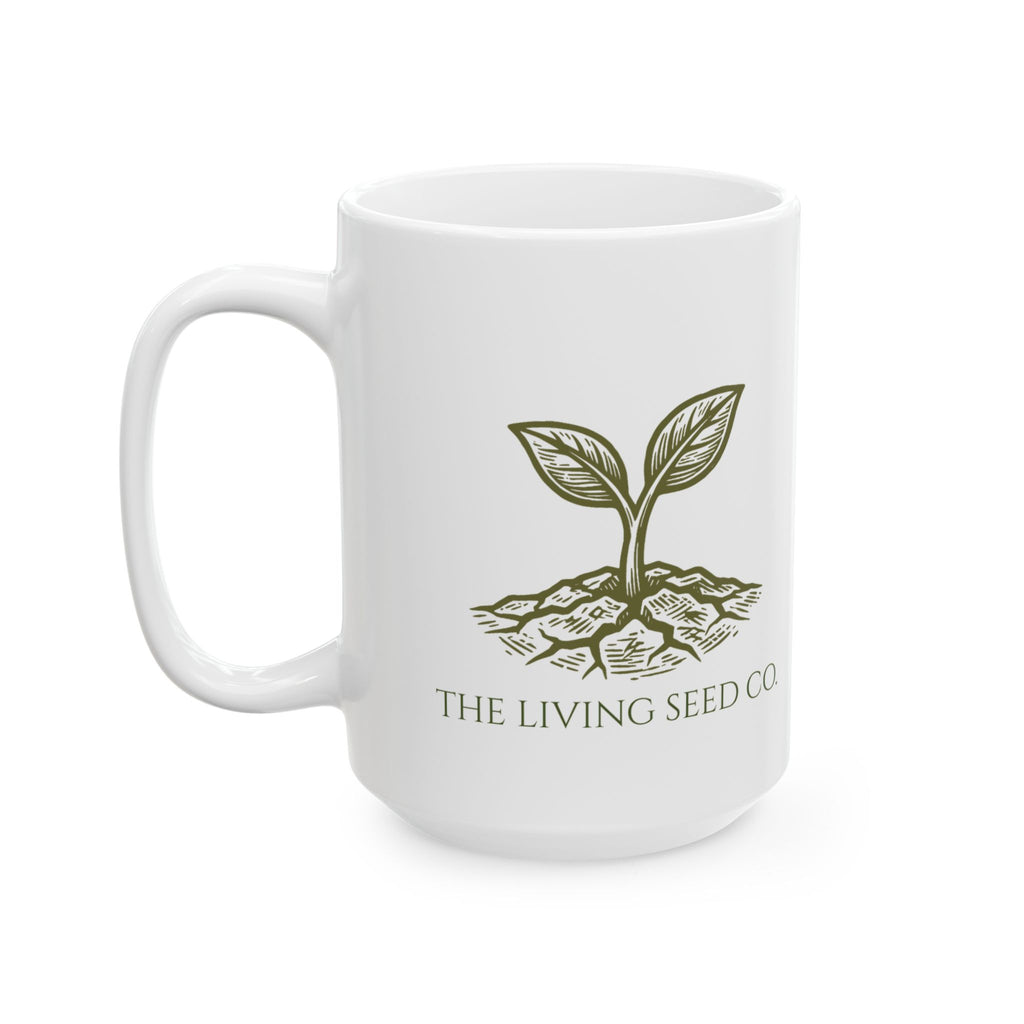 The Original Mug 15oz — flat mockup — white ceramic mug featuring The Living Seed Co. etching-style sprouting seed graphic in olive ink with wordmark below.