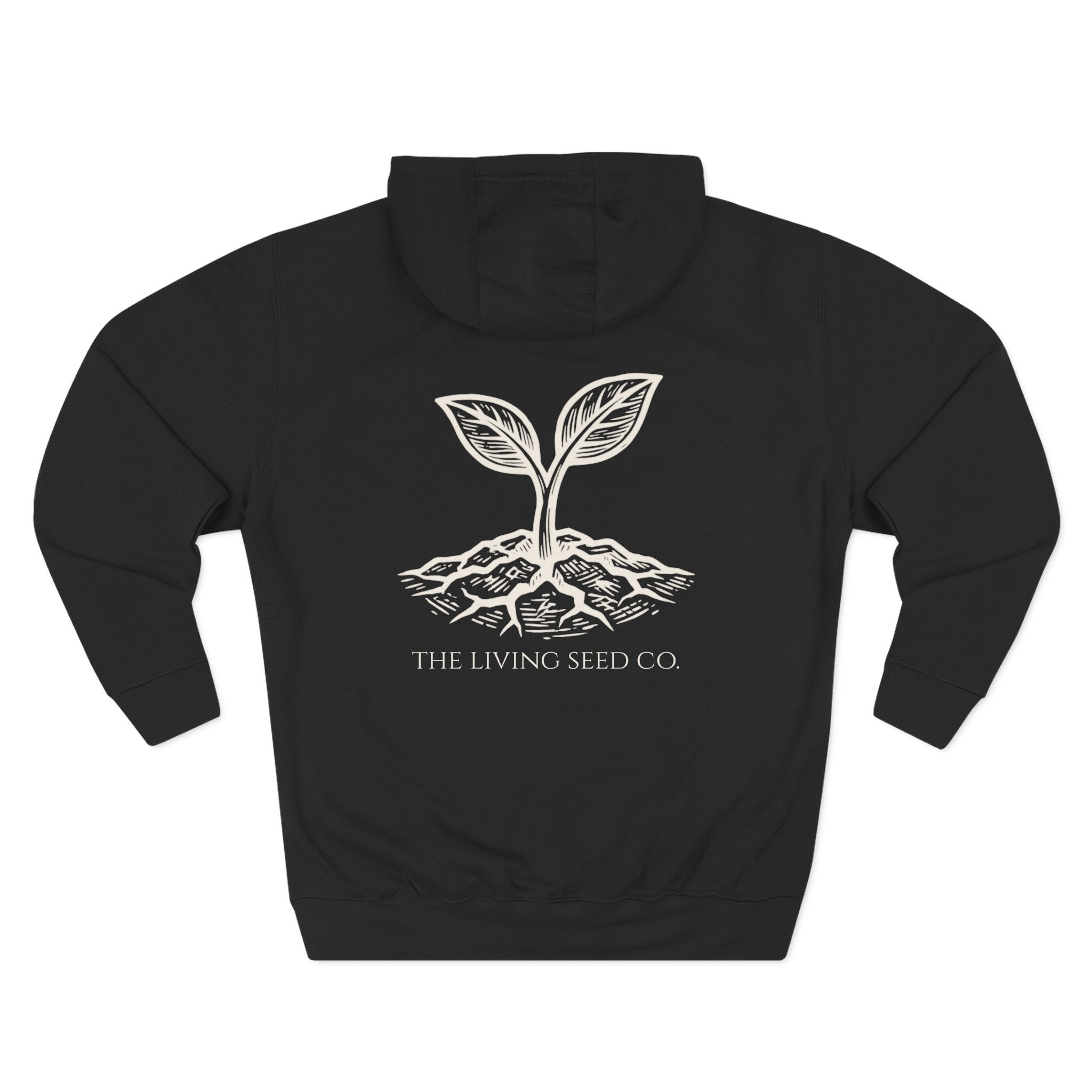The Original Hoodie (Lane Seven) in Black — back view flat mockup — black pullover hoodie featuring The Living Seed Co. etching-style sprouting seed graphic in parchment ink with wordmark below. Lane Seven LS14001.