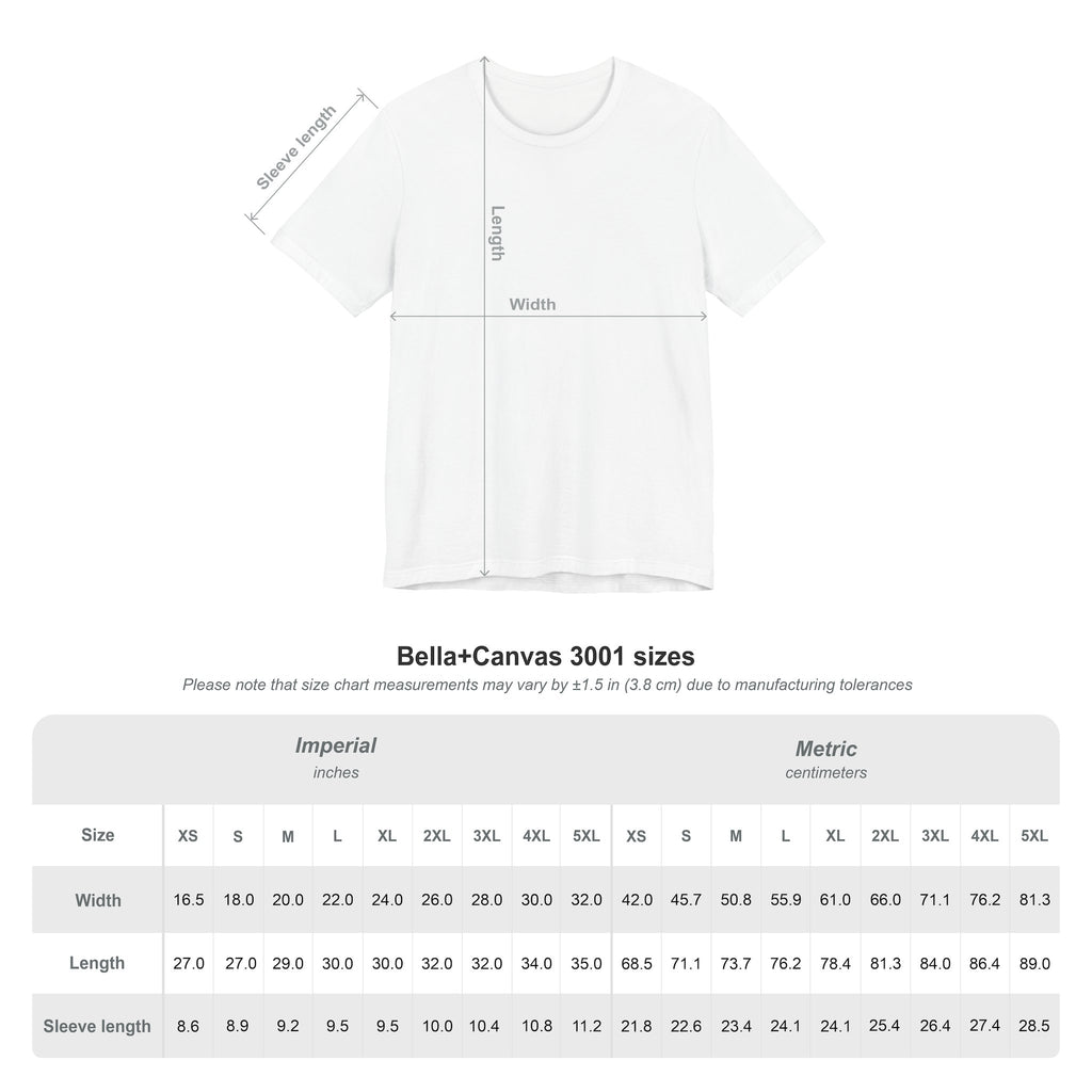 Bella+Canvas 3001 size chart showing width, length, and sleeve length measurements in inches and centimeters for sizes XS through 5XL.