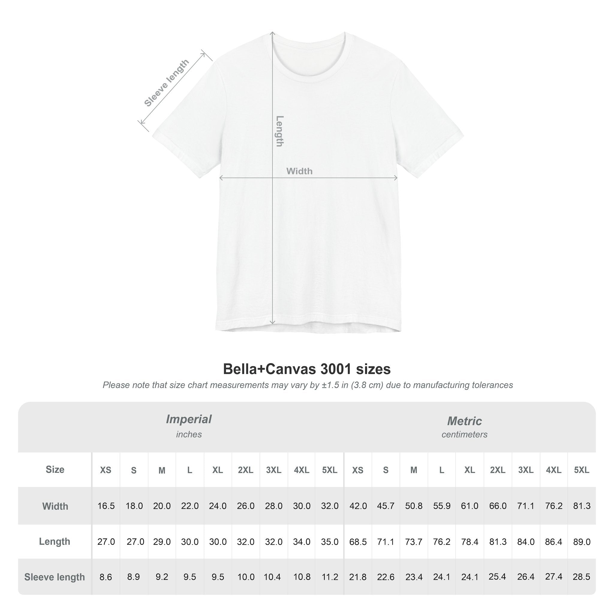 Bella+Canvas 3001 size chart showing width, length, and sleeve length measurements in inches and centimeters for sizes XS through 5XL.