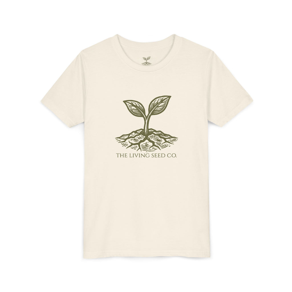 The Original Youth Tee in Natural — flat mockup — cream youth t-shirt featuring The Living Seed Co. sprouting seed graphic in olive ink. Bella+Canvas 3001Y.