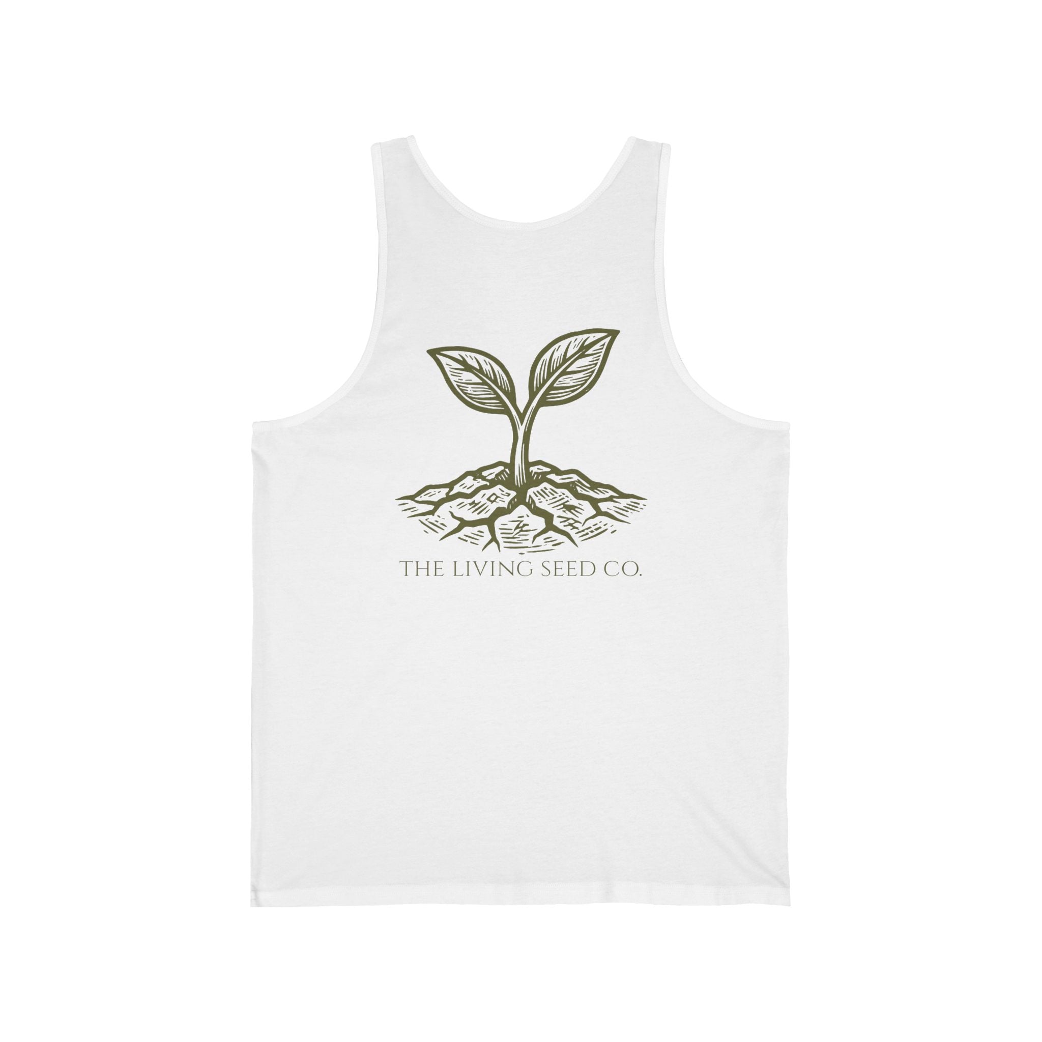 The Original Tank in White — back view flat mockup — white unisex tank top featuring The Living Seed Co. etching-style sprouting seed graphic in olive ink with wordmark below. Bella+Canvas 3480.