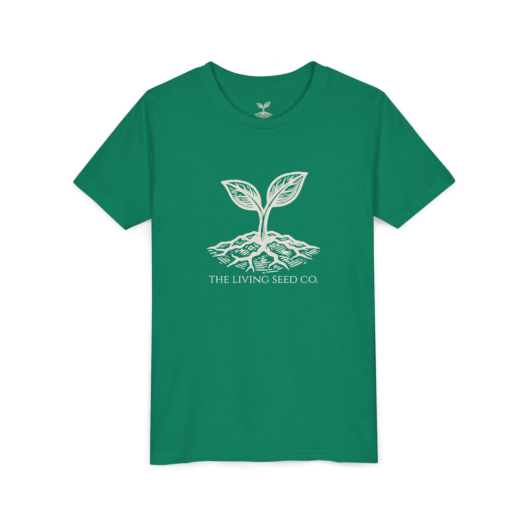 The Original Youth Tee in Kelly — flat mockup — kelly green youth t-shirt featuring The Living Seed Co. sprouting seed graphic in parchment ink. Bella+Canvas 3001Y.