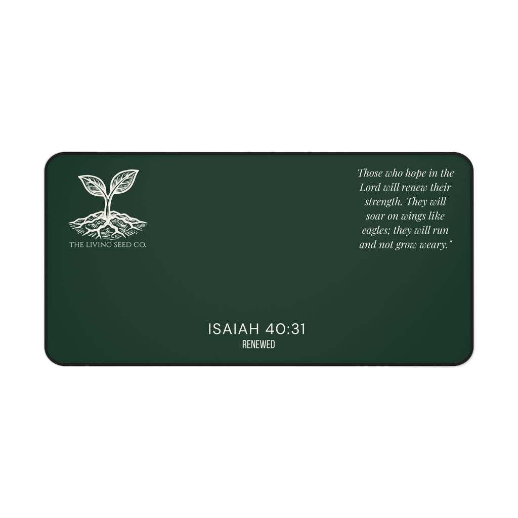 Scripture Series RENEWED Desk Mat in Forest Deep — size comparison mockup — showing 16x32 size options for the forest deep RENEWED desk mat.