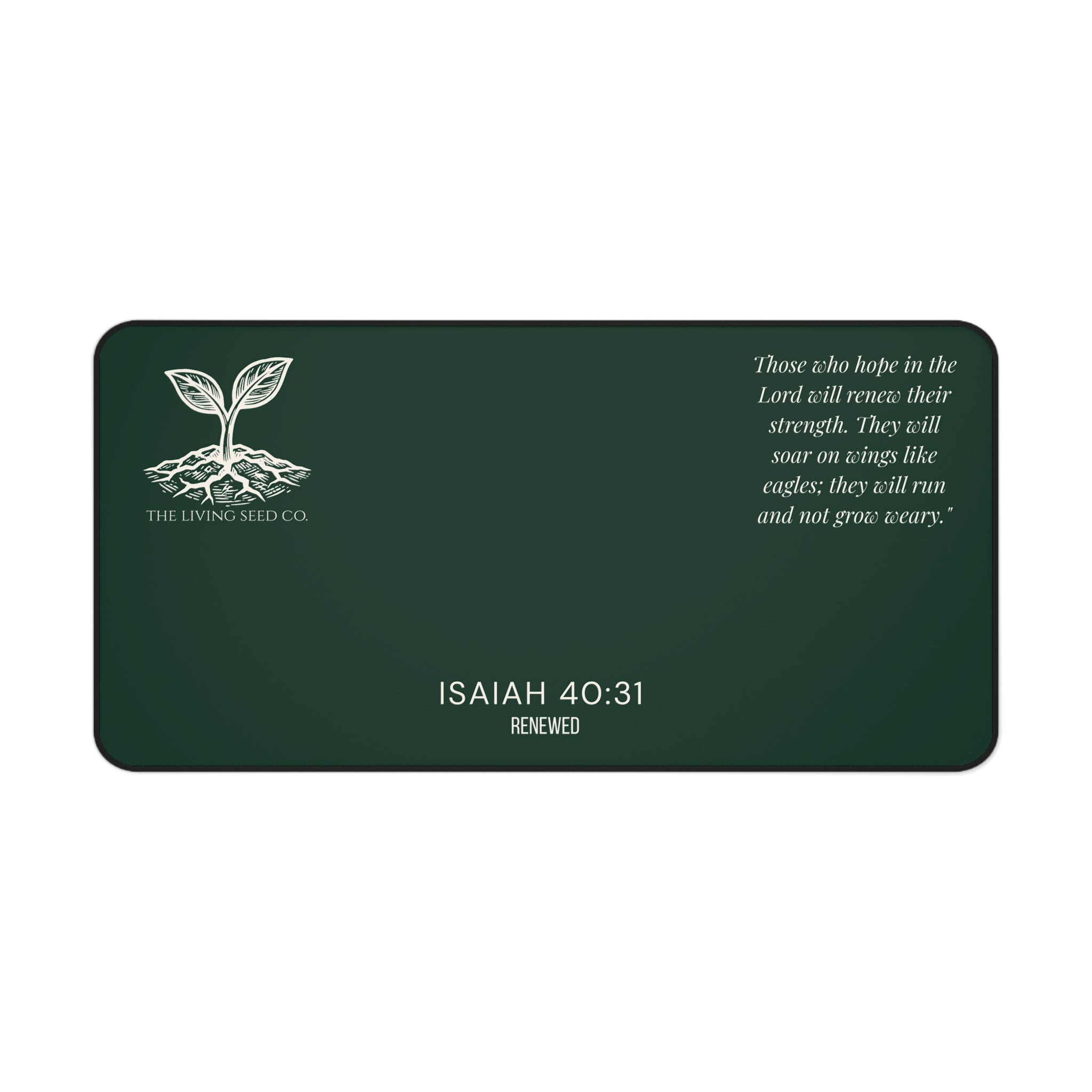 Scripture Series RENEWED Desk Mat in Forest Deep — size comparison mockup — showing 16x32 size options for the forest deep RENEWED desk mat.
