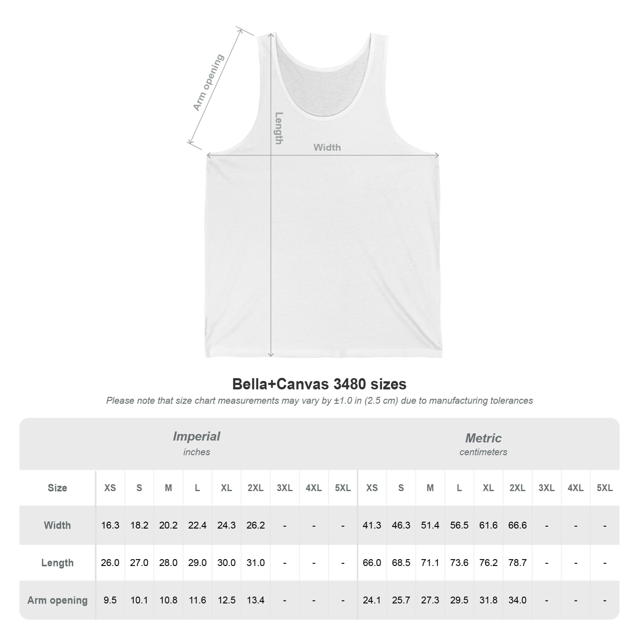 Bella+Canvas 3480 size chart showing chest, length, and armhole measurements in inches for sizes XS through 2XL.